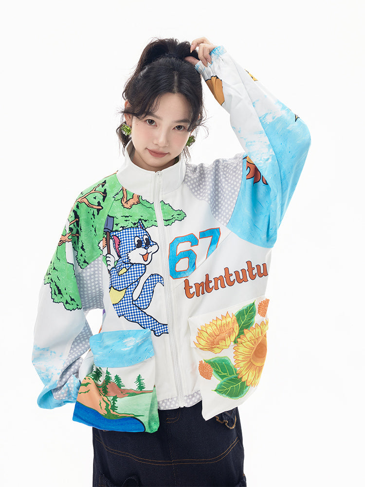 Mixed Print Patchwork Light Bomber Jacket