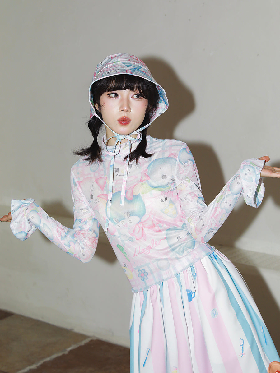 Pink Kawaii Character Mock Neck Top