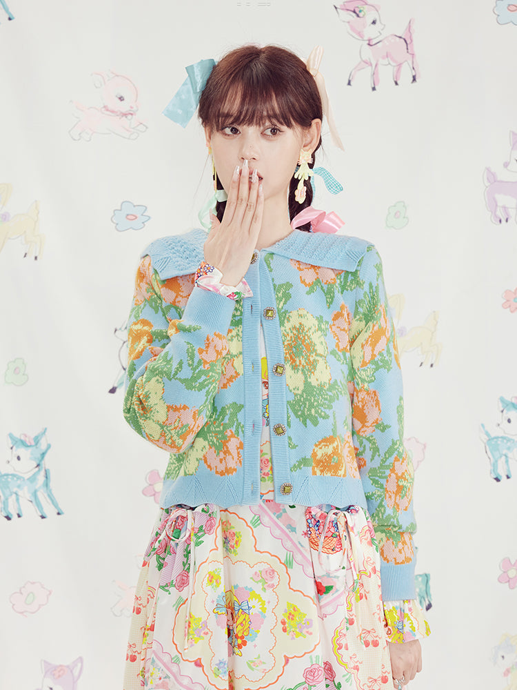 Blue Floral Knit Cropped Cardigan