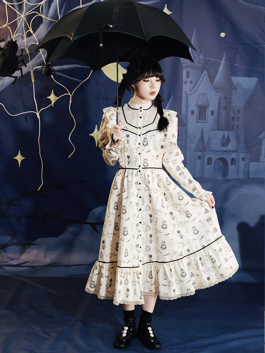 victorian era dress for women Cream Ghost Print Victorian Style Dress by Meugler