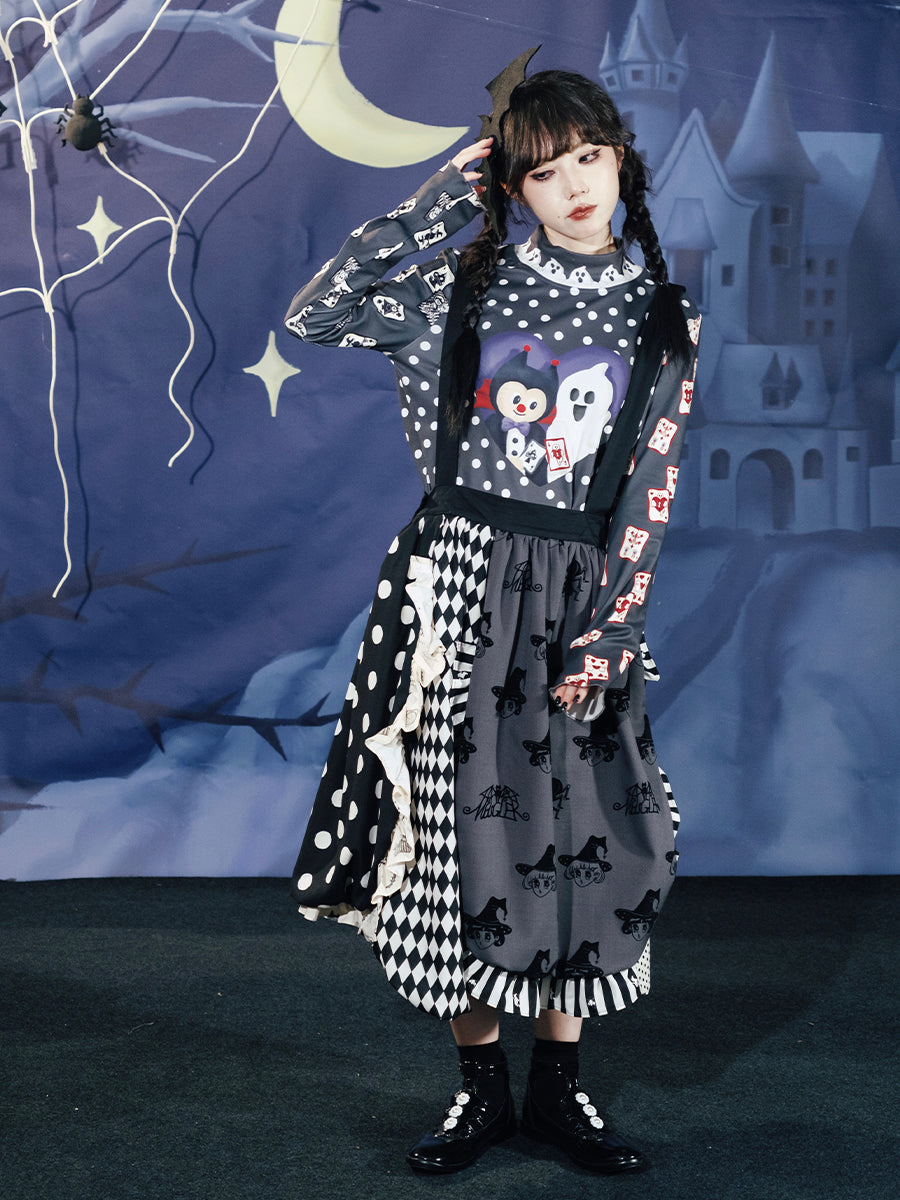 Monochrome Witch Mixed Pattern Suspender Skirt