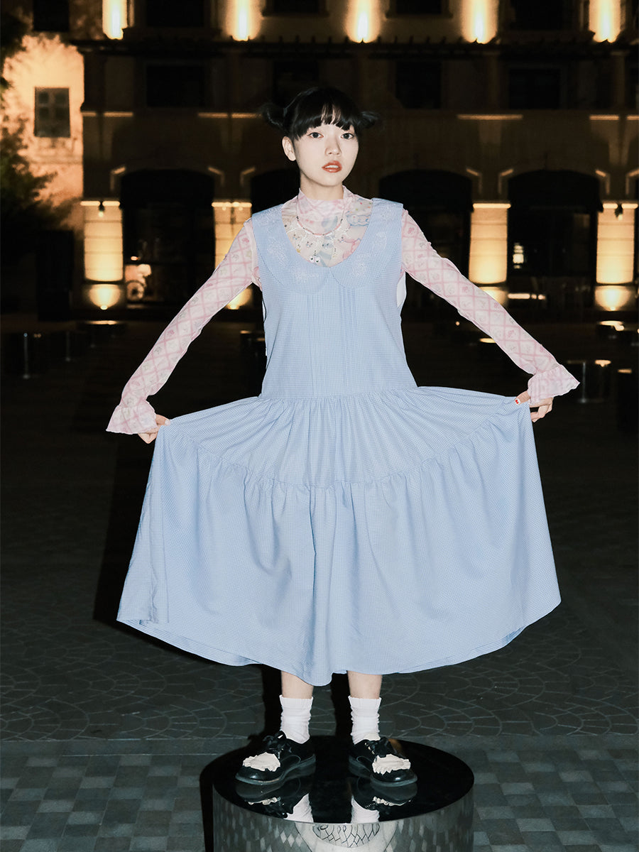 Peter Pan Collar Gingham Dress Blue