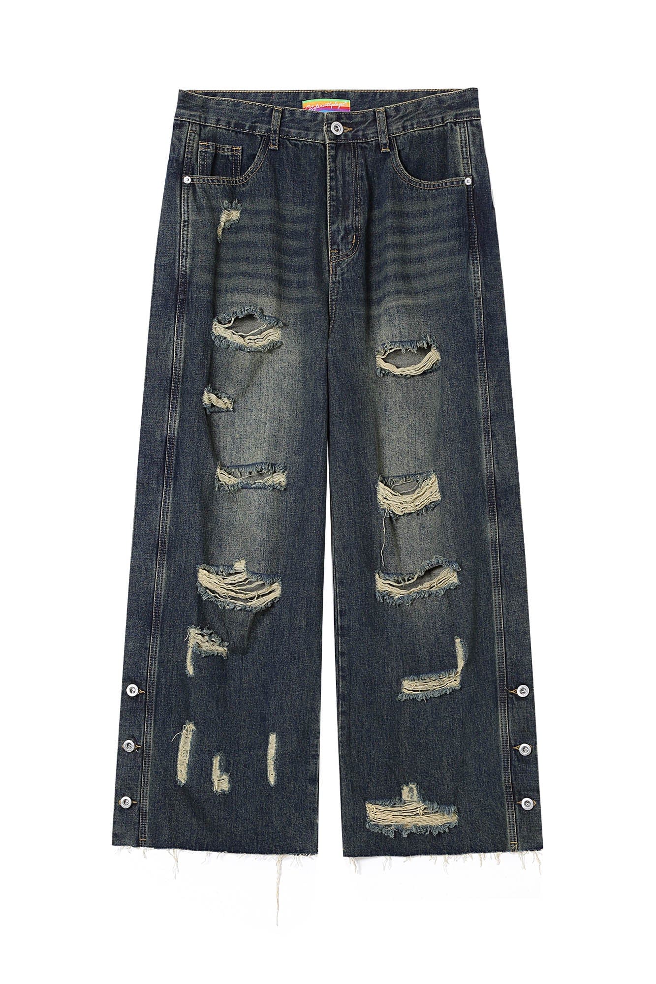 Heavy Distressed Buttoned Straight Leg Jeans