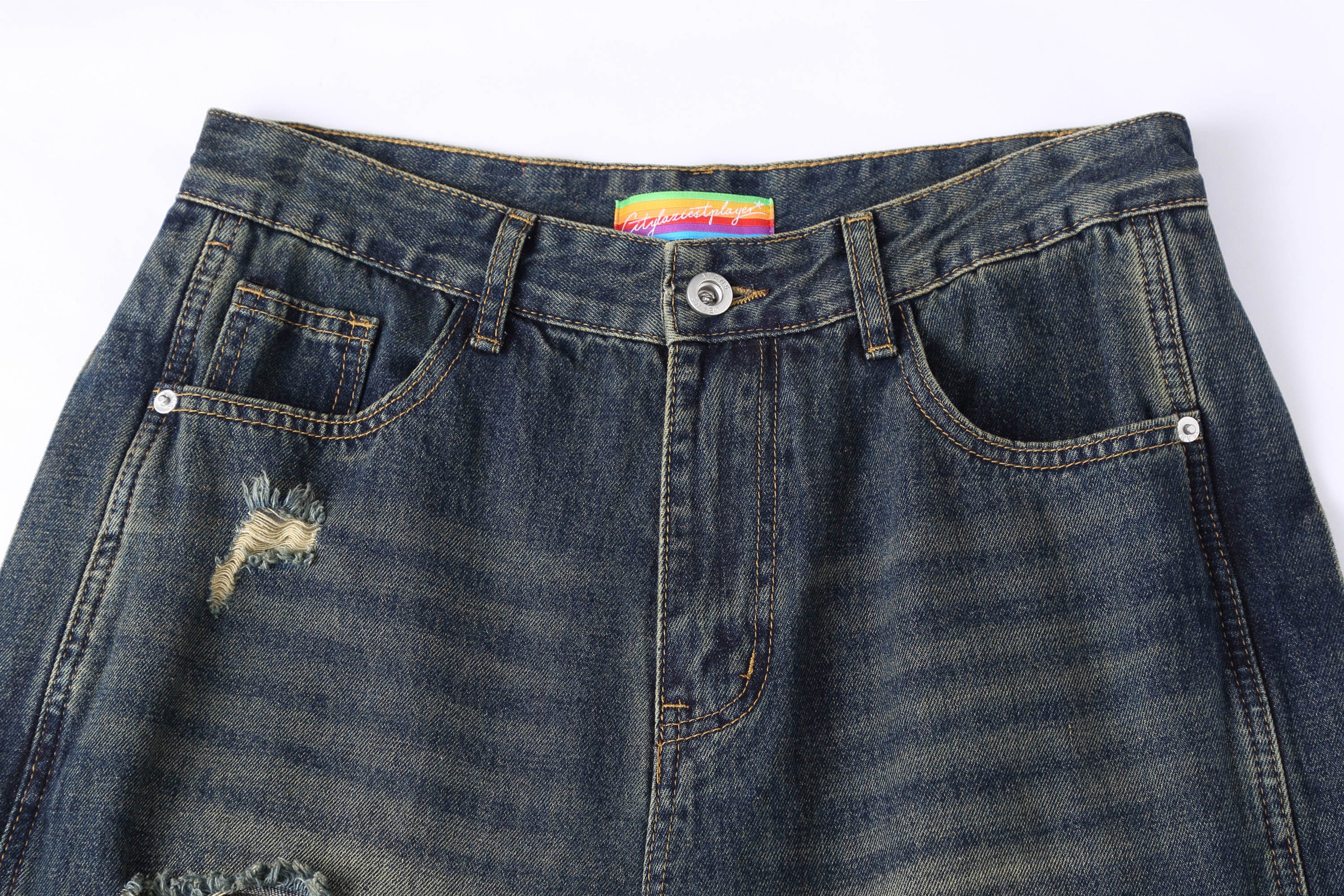 Heavy Distressed Buttoned Straight Leg Jeans