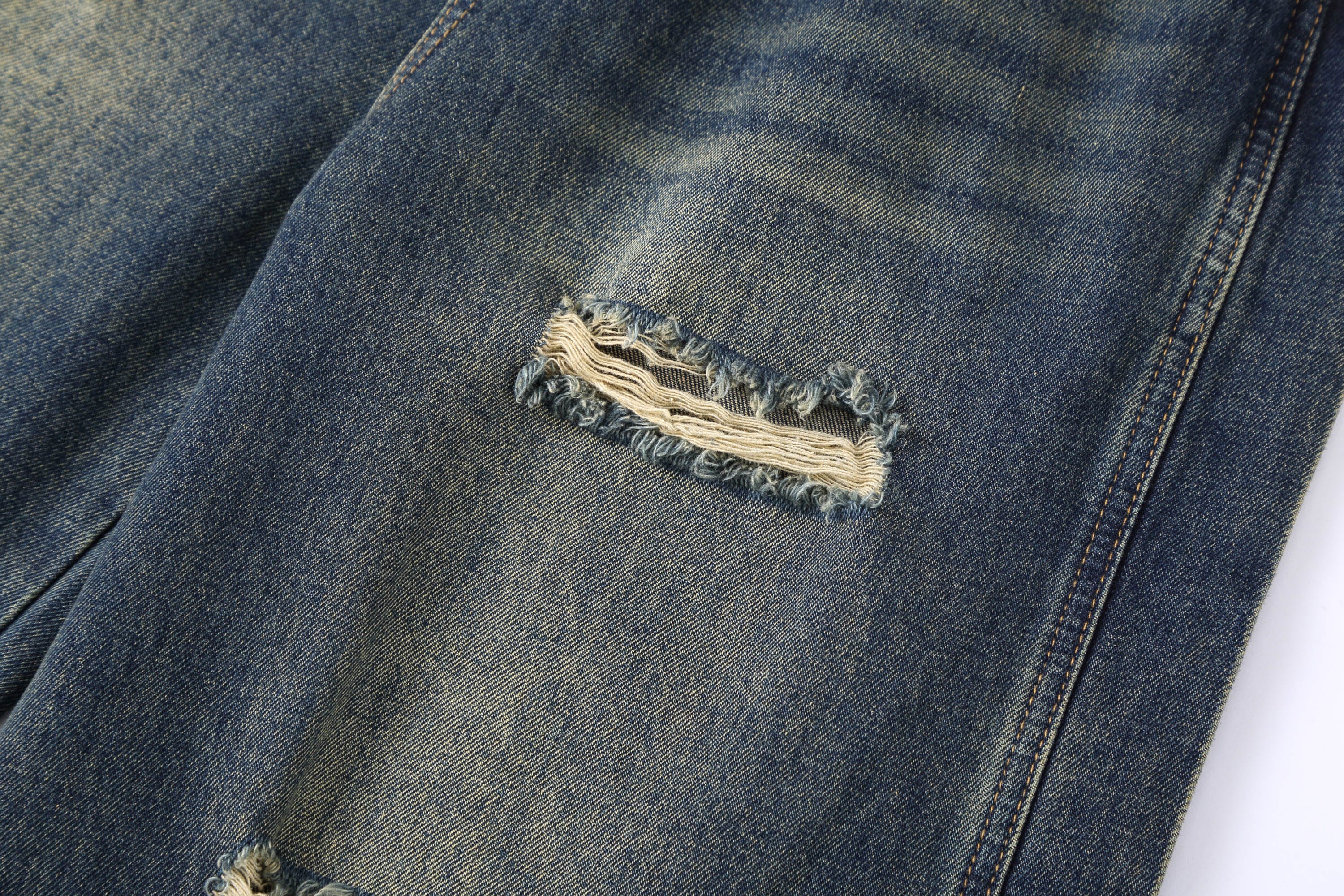 Heavy Distressed Buttoned Straight Leg Jeans