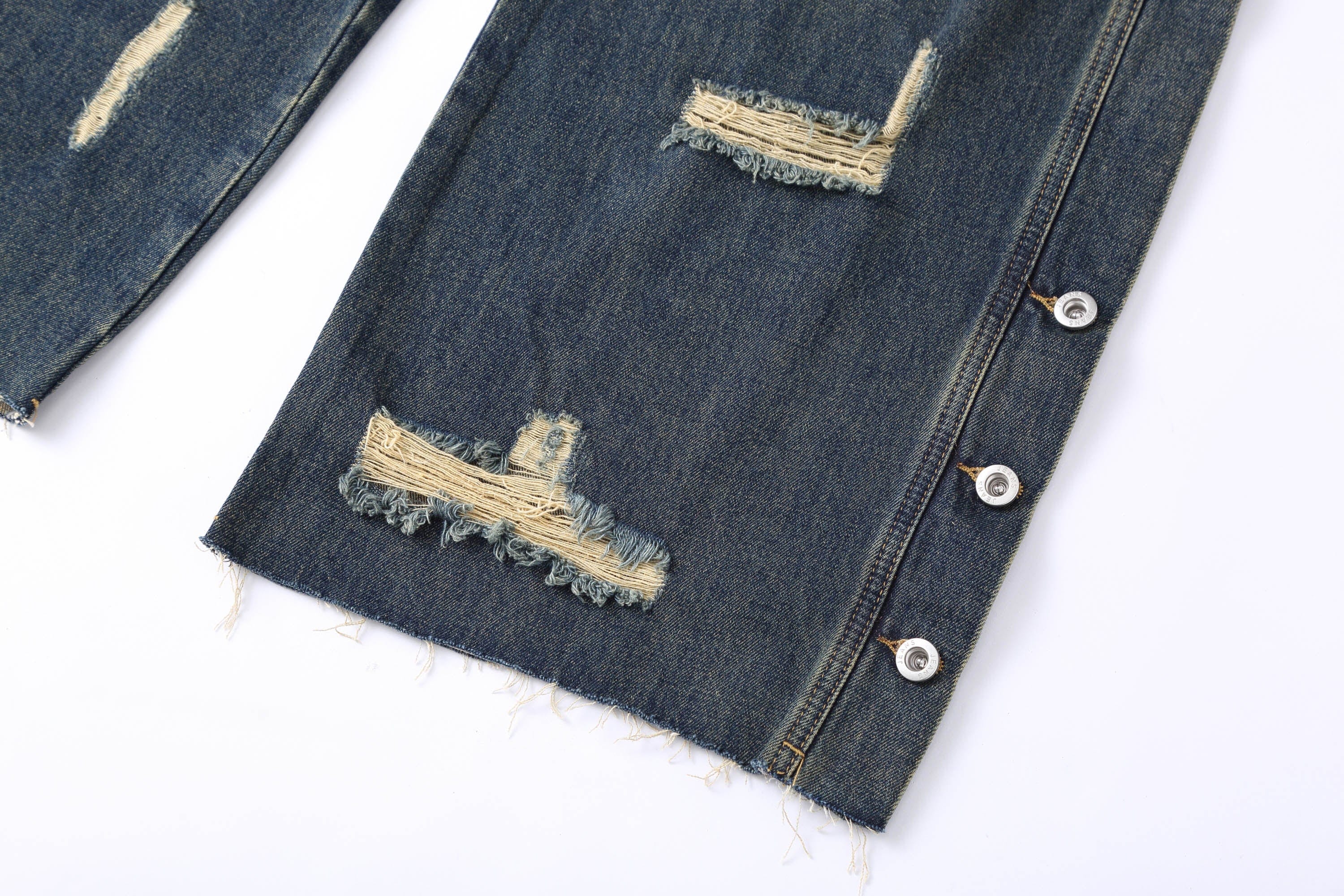 Heavy Distressed Buttoned Straight Leg Jeans