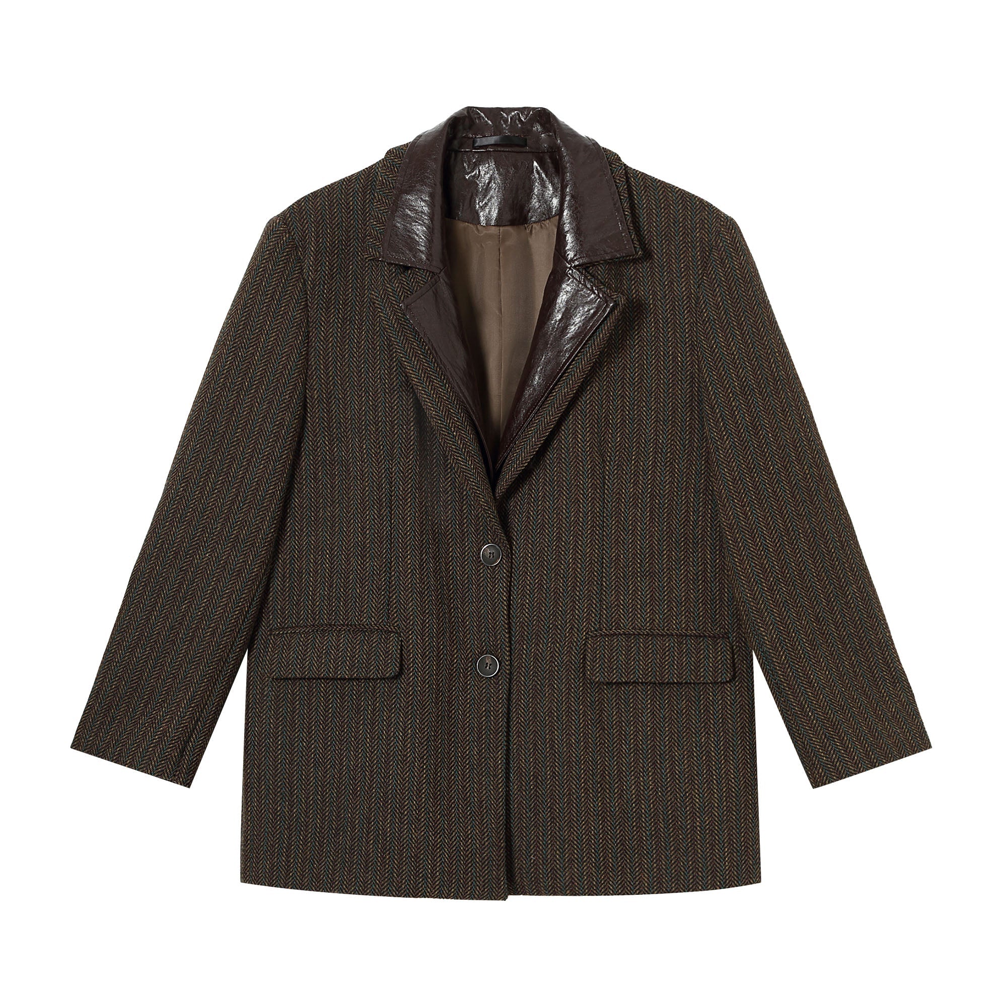 Vintage Herringbone Leather Collar Blazer