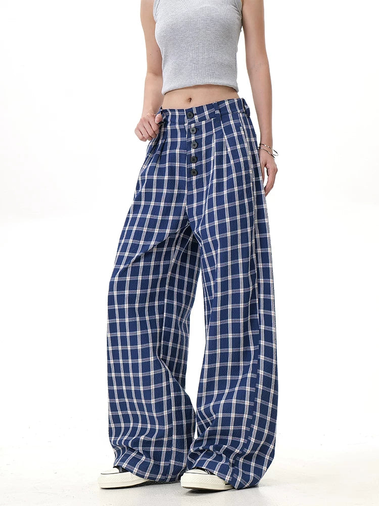 Plaid button wide-leg pants blue plaid side view