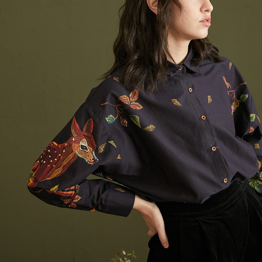 Enchanted Forest Deer Embroidered Blouse - chiclara