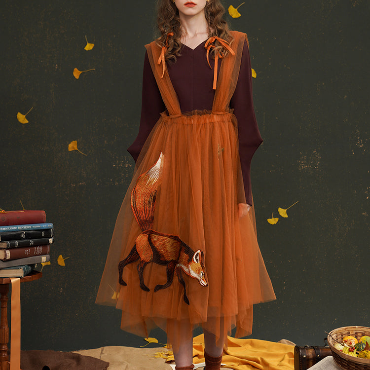 Embroidered Fox Tulle Strap Skirt - chiclara