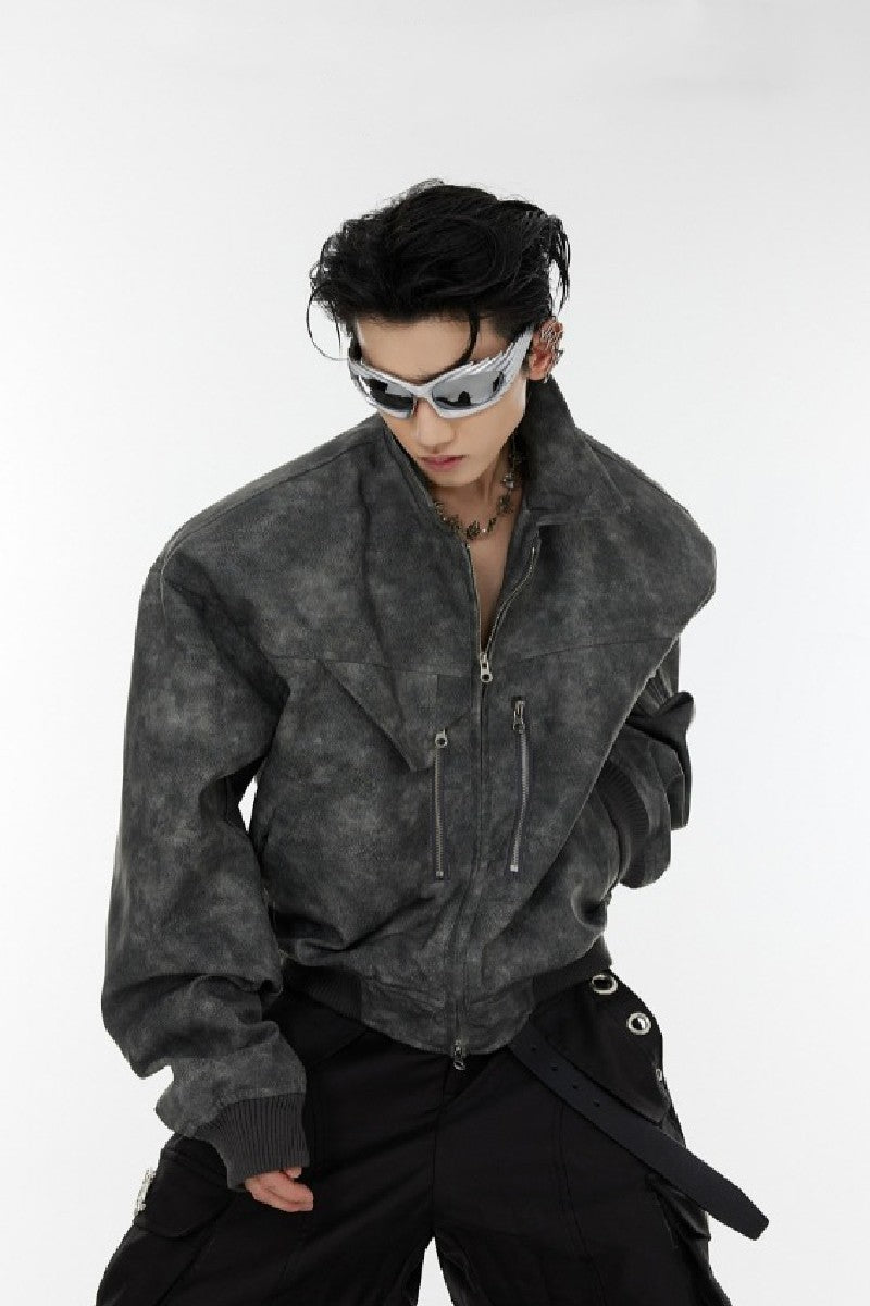 Shoulder Pad Washed Vegan Leather Jacket - chiclara