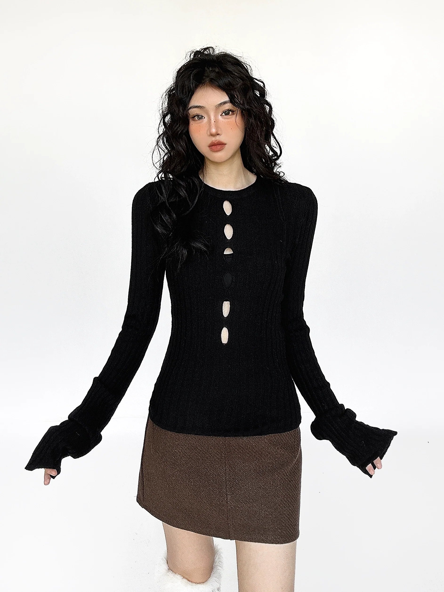 Cutout Ribbed Bell Sleeve Top