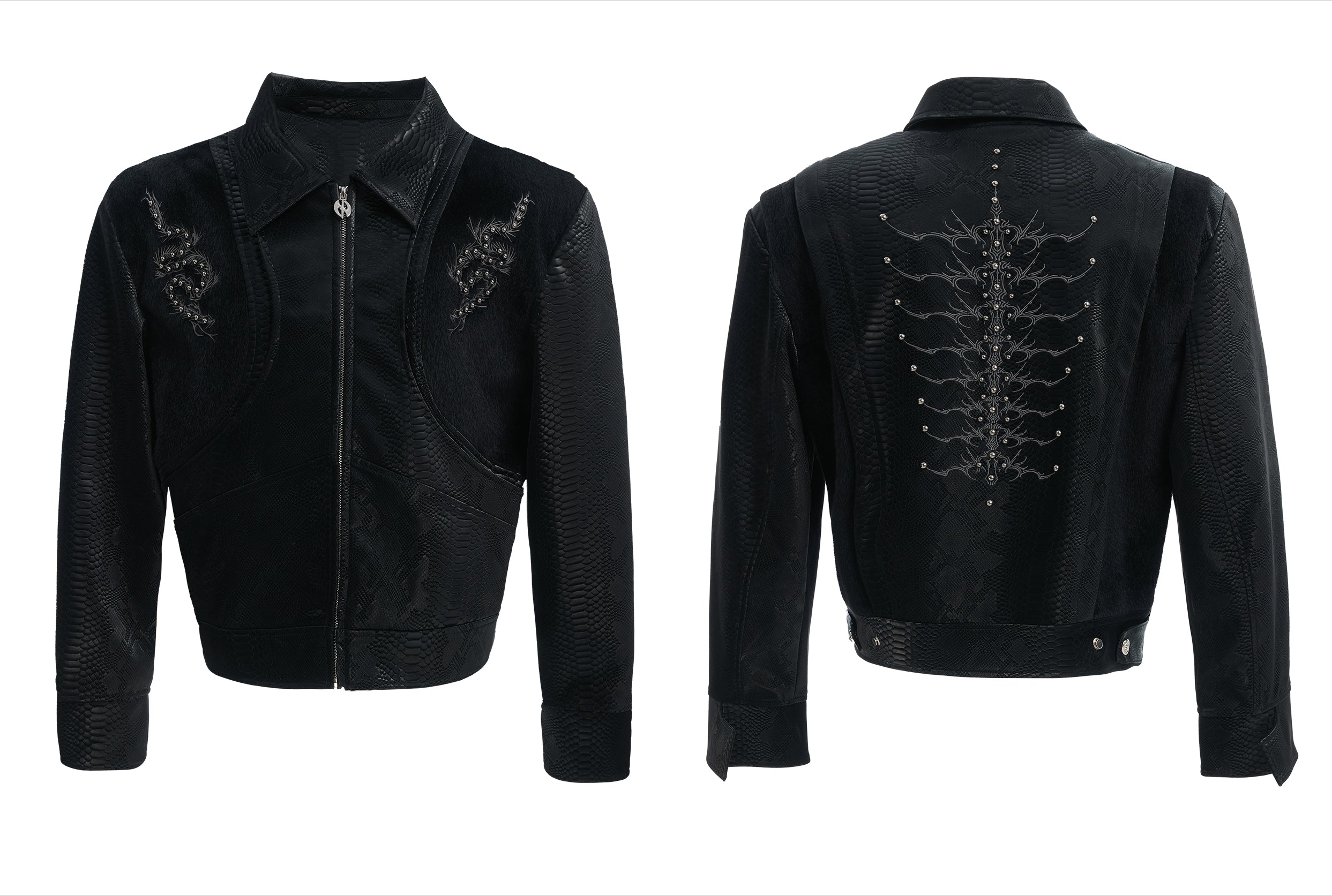 Embellished Snake Pattern Leather Moto Jacket