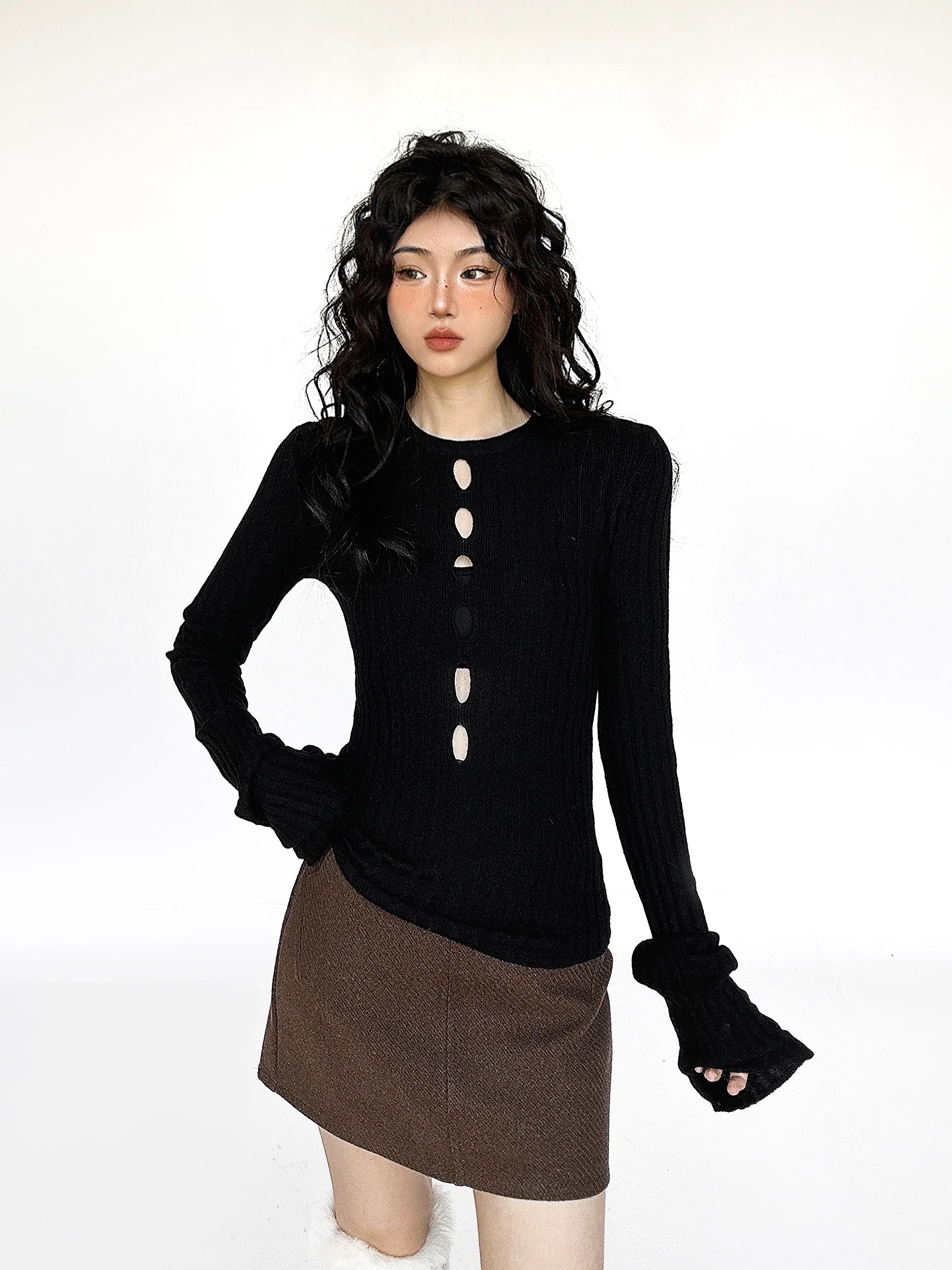 Cutout Ribbed Bell Sleeve Top