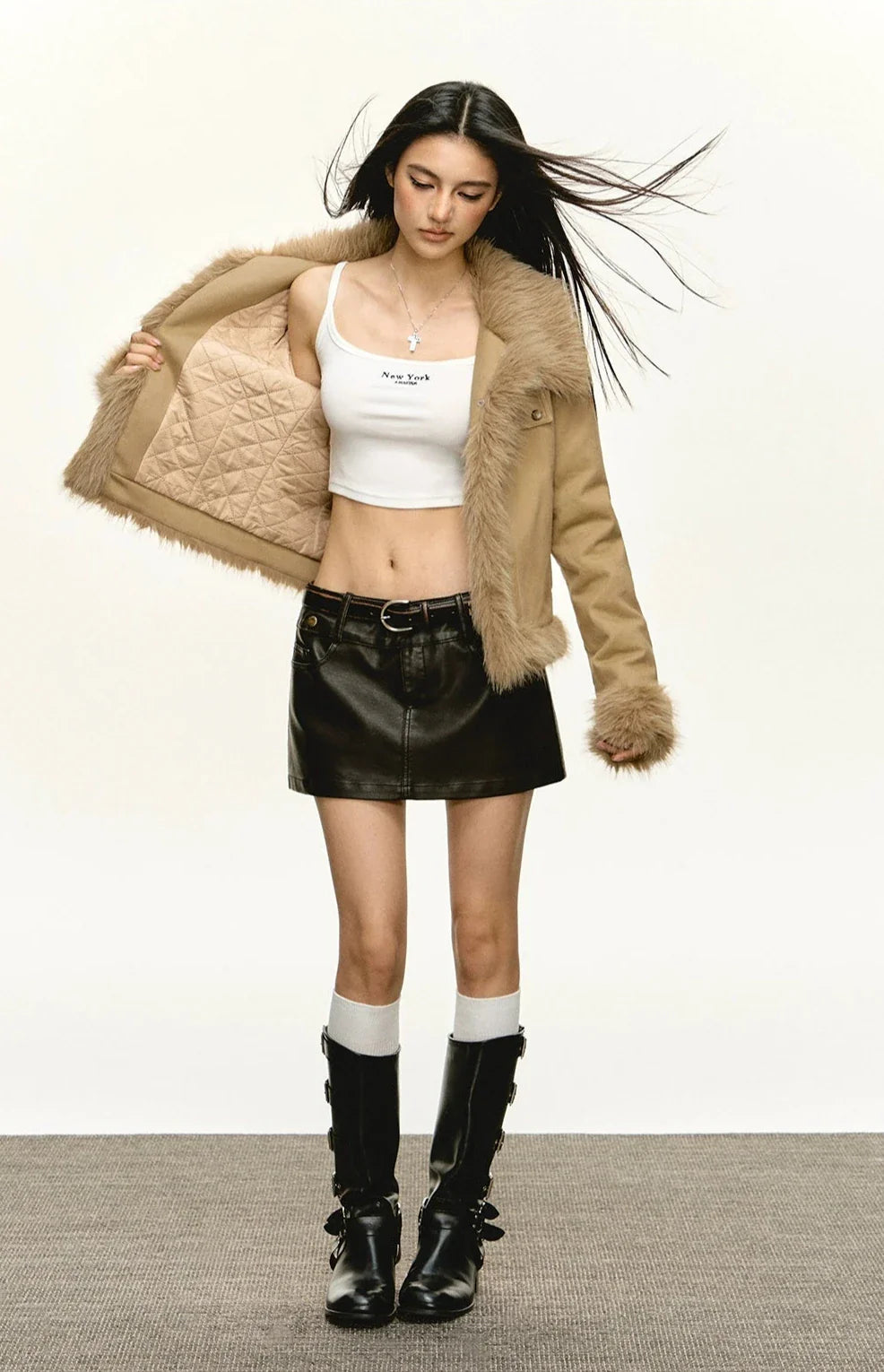 Tan Fur Trim Cropped Jacket