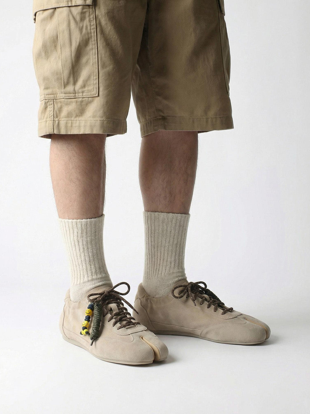 Khaki Suede Cowhide Thin-Sole Tabi Sneakers