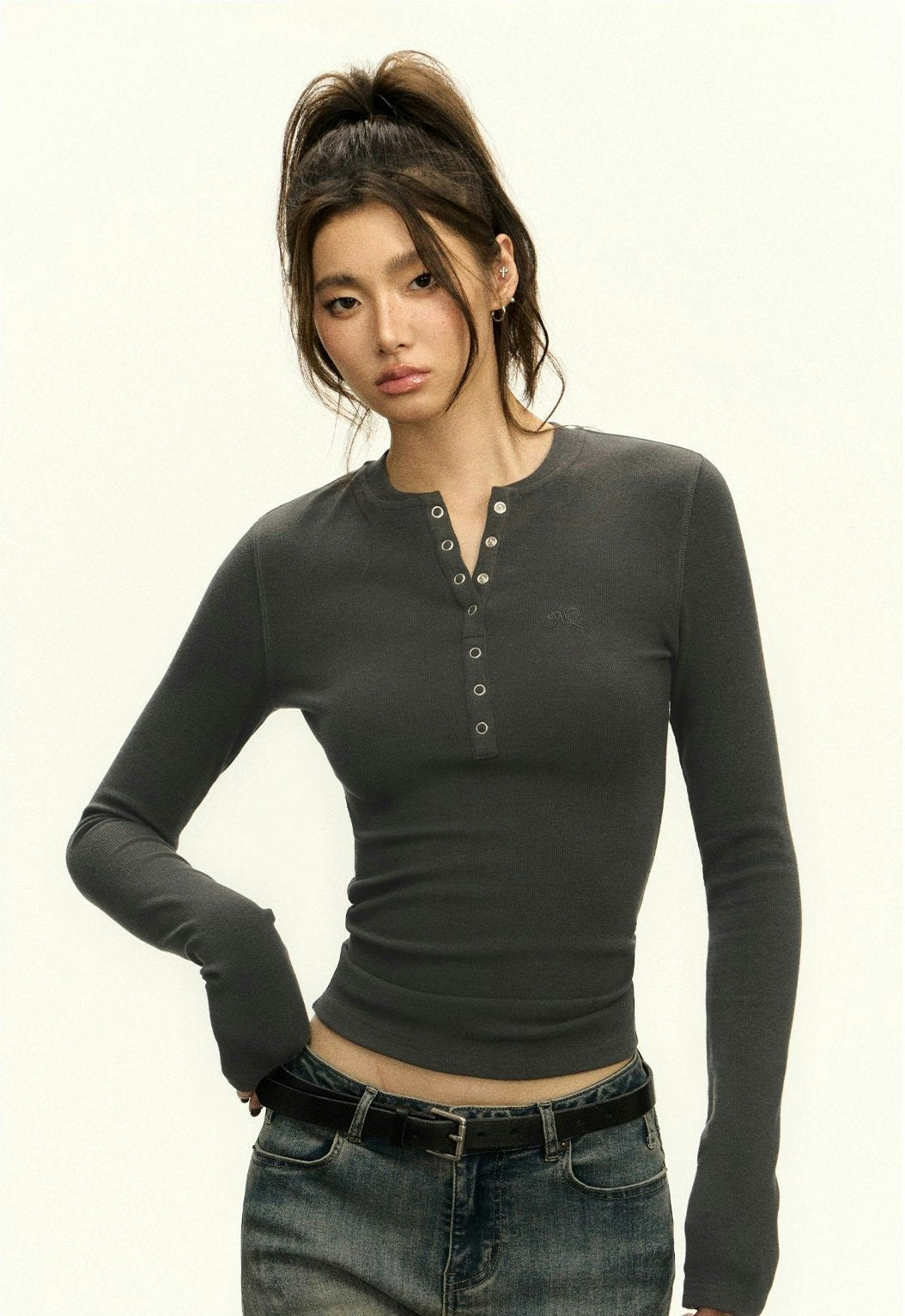 Ribbed Henley Crew Neck Crop Top
