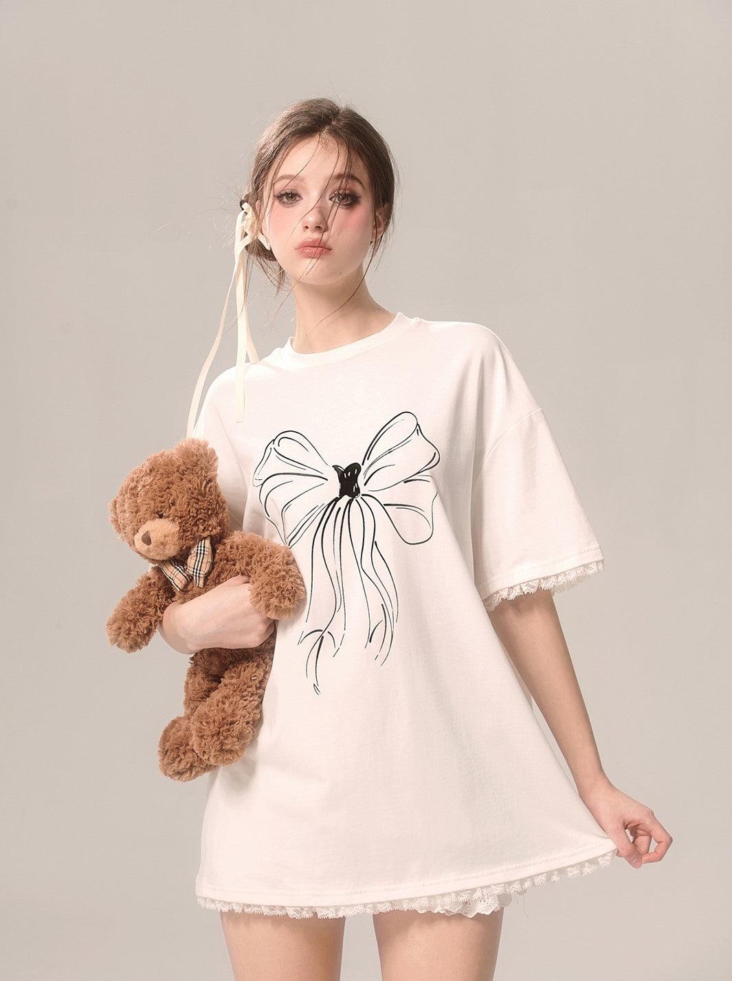 White Loose Short-sleeved T-shirt with Bow Lace Trim - chiclara