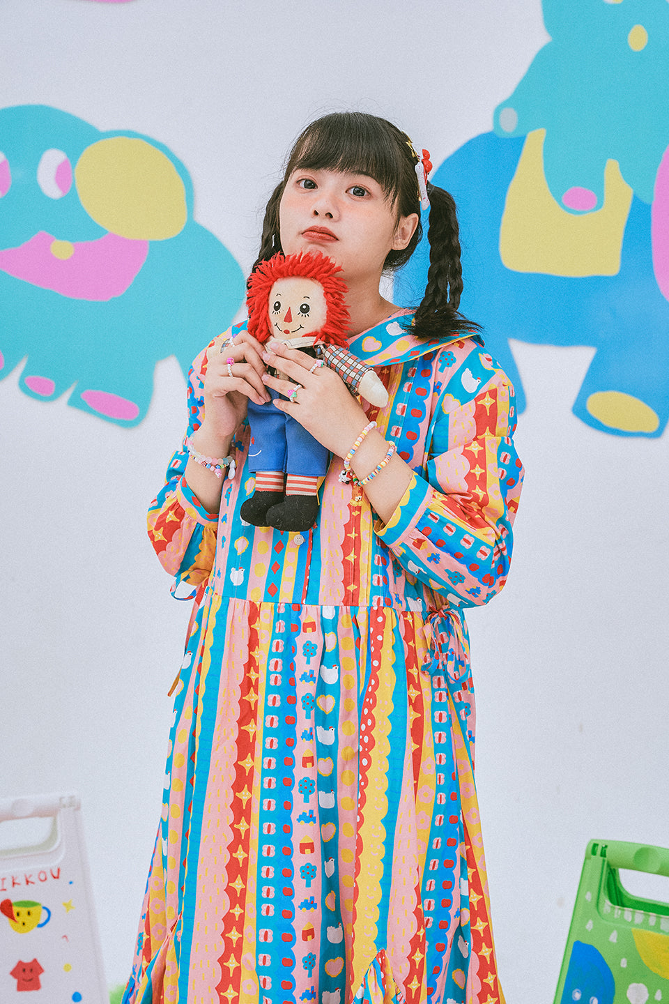 Colorful Striped Pattern Midi Dress with Ruffled Hem