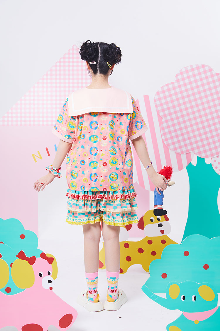 Pink Floral Sailor Collar Short Blouse