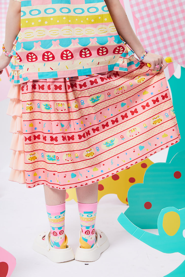Pink Mixed Pattern Tiered Ruffle Skirt