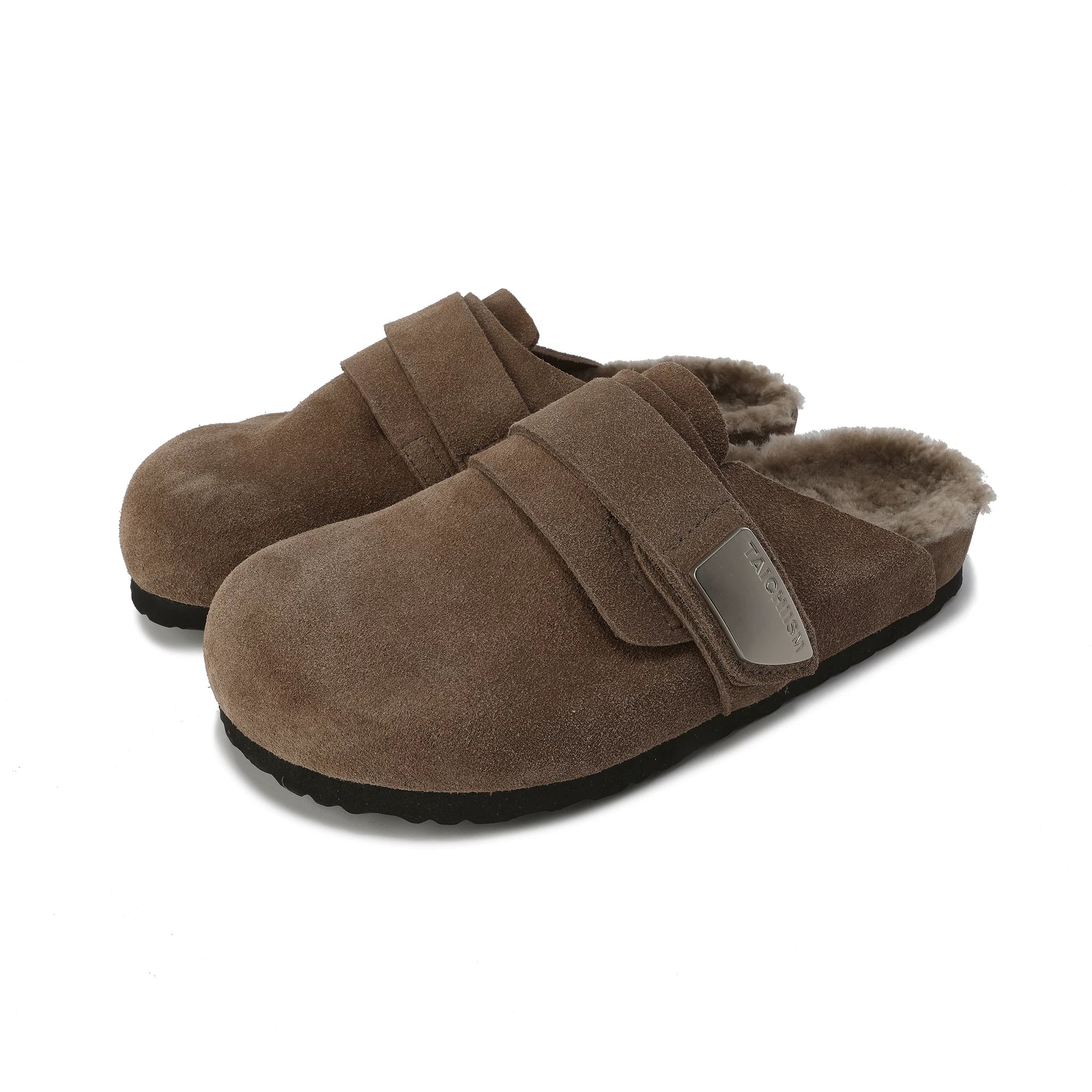Closed-Toe Leather Mule Sandals - Dark Brown Fleece-Lined