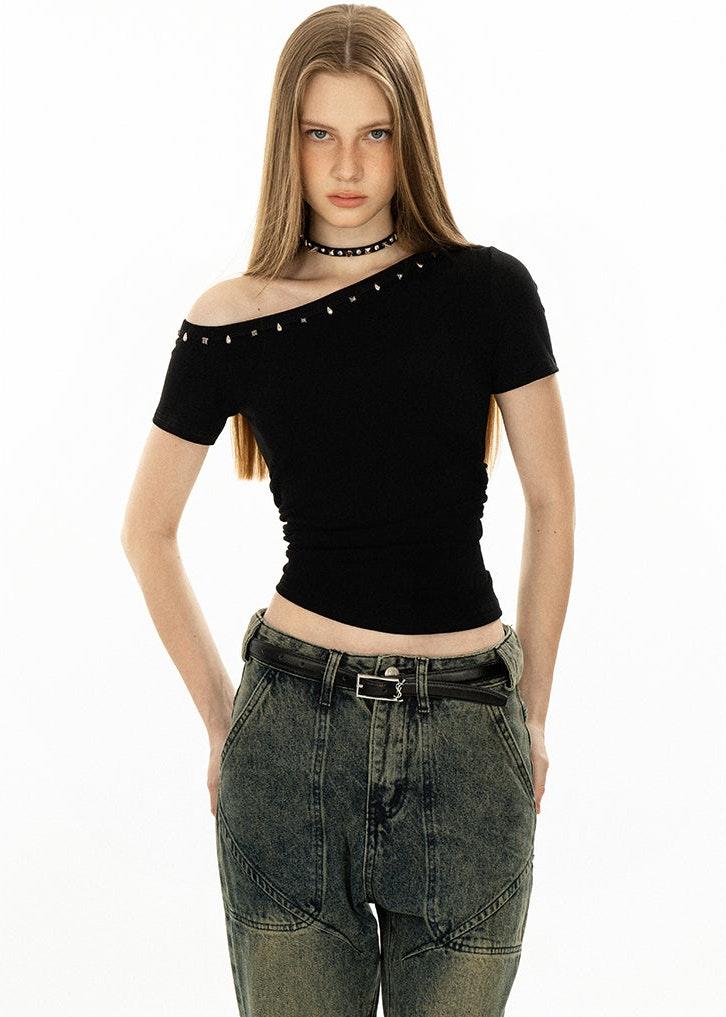 Studded Off Shoulder Crop Top