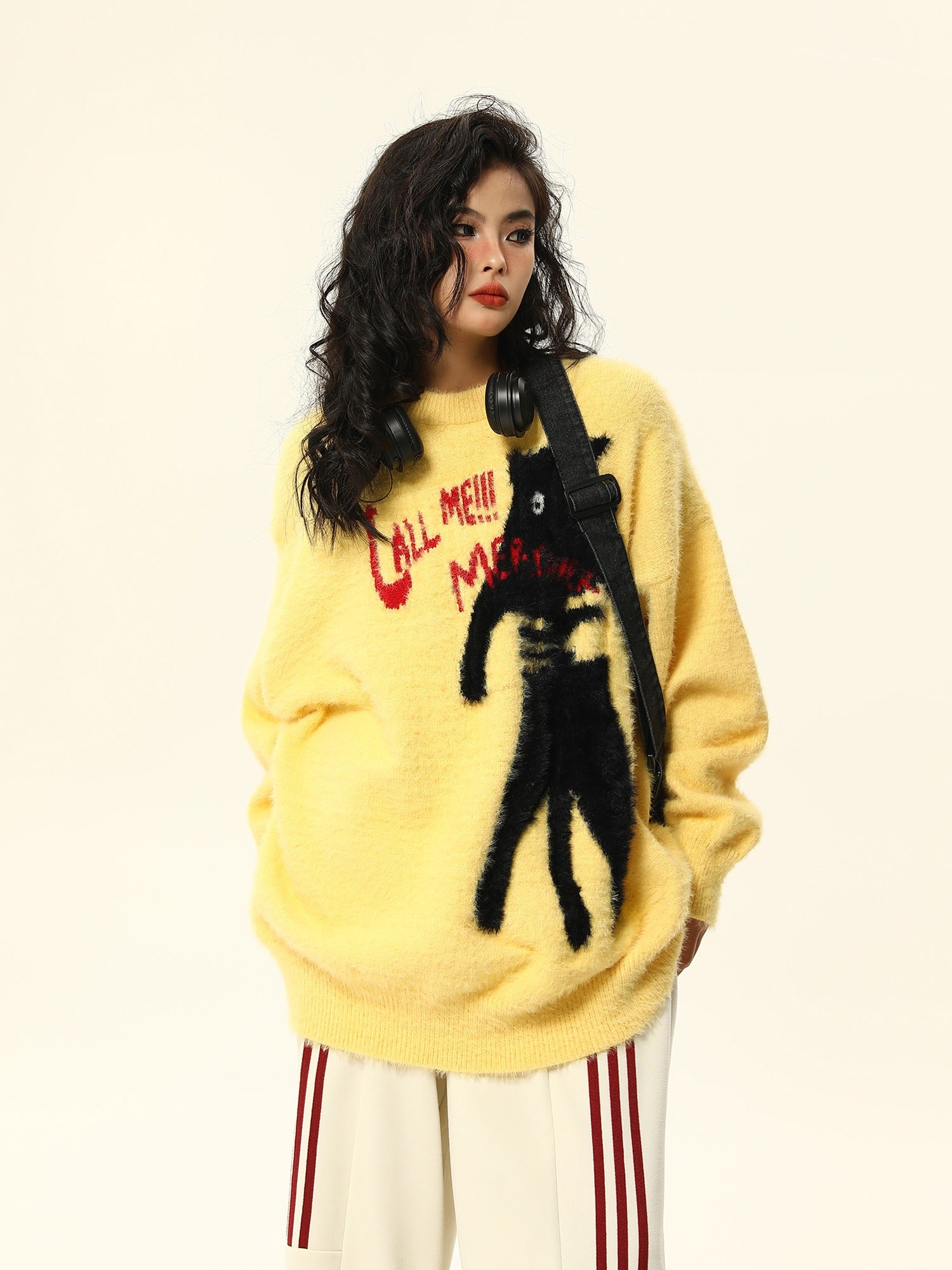 Grafischer Druck Fuzzy Strickpullover Top