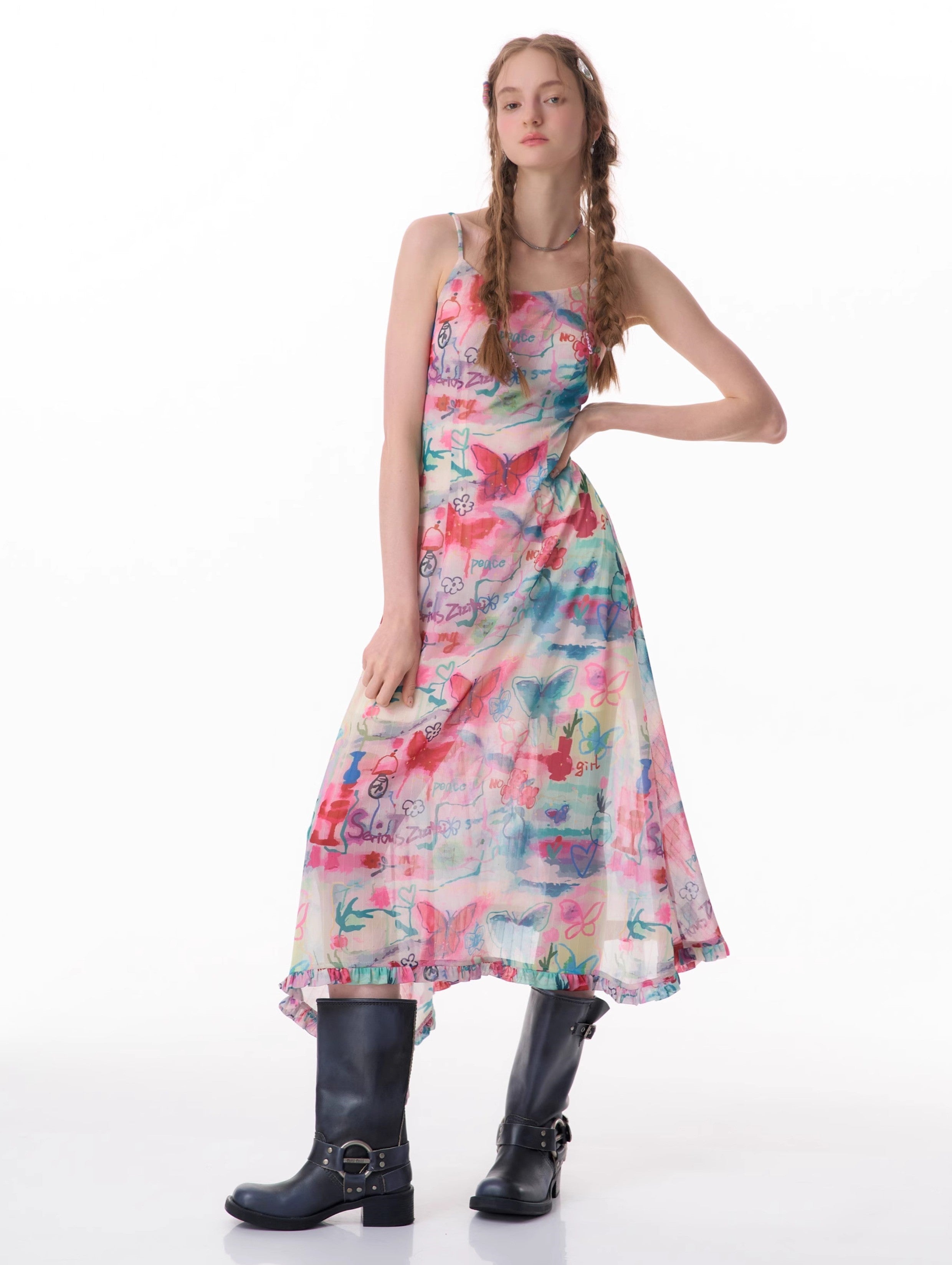 Vestido slip de midi estampado de mariposa