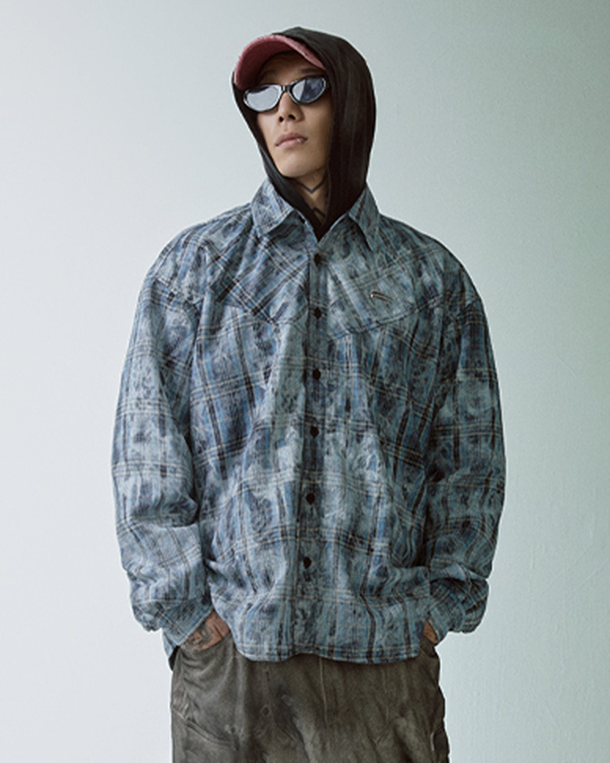 Chemise à manches longues à la flanelle à plaid à lavage acide