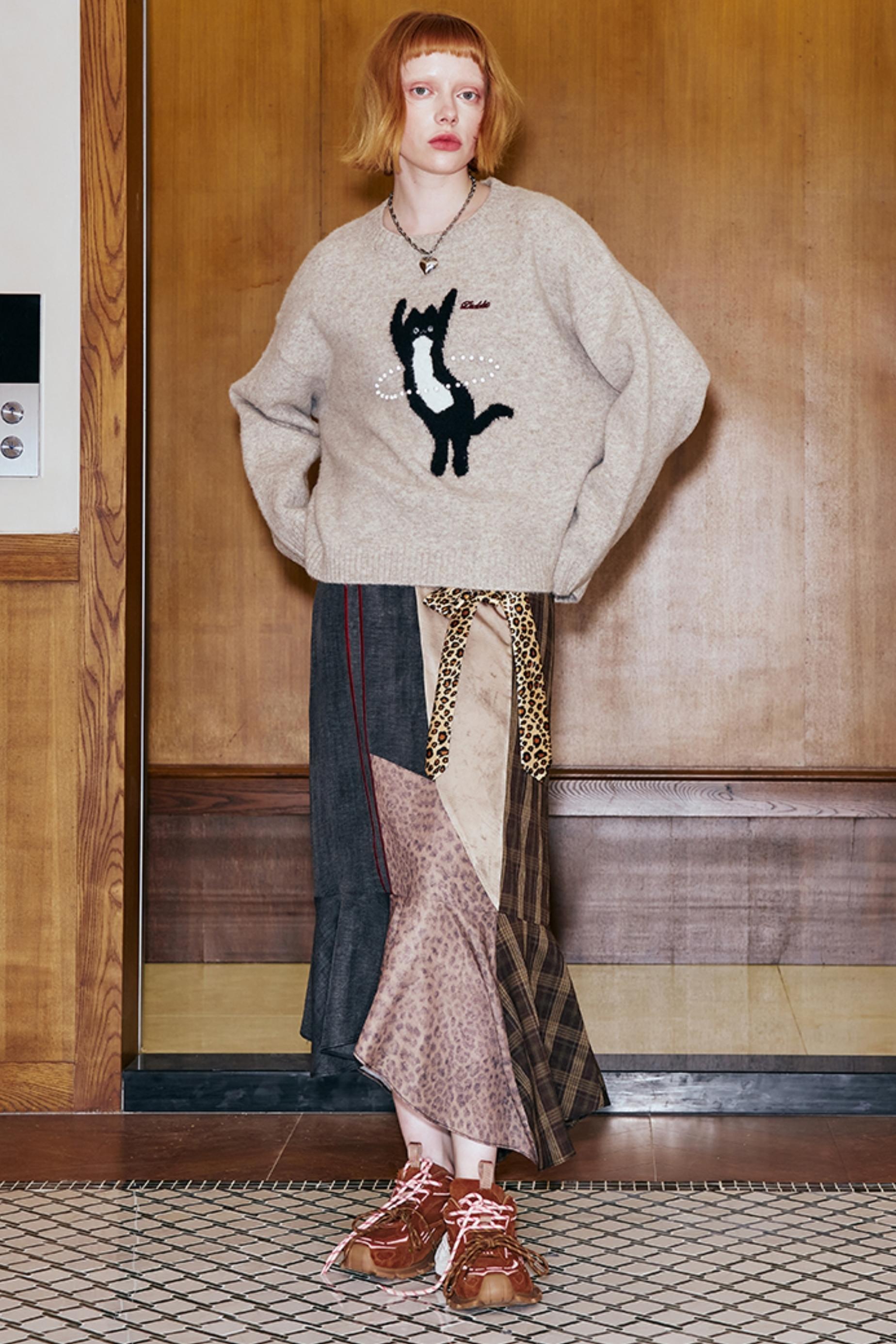 패치워크 데님 레오파드 미디 스커트