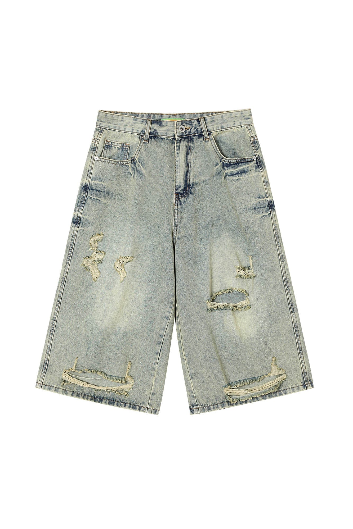 Distressed Wide-Leg Knee-Length Denim Shorts