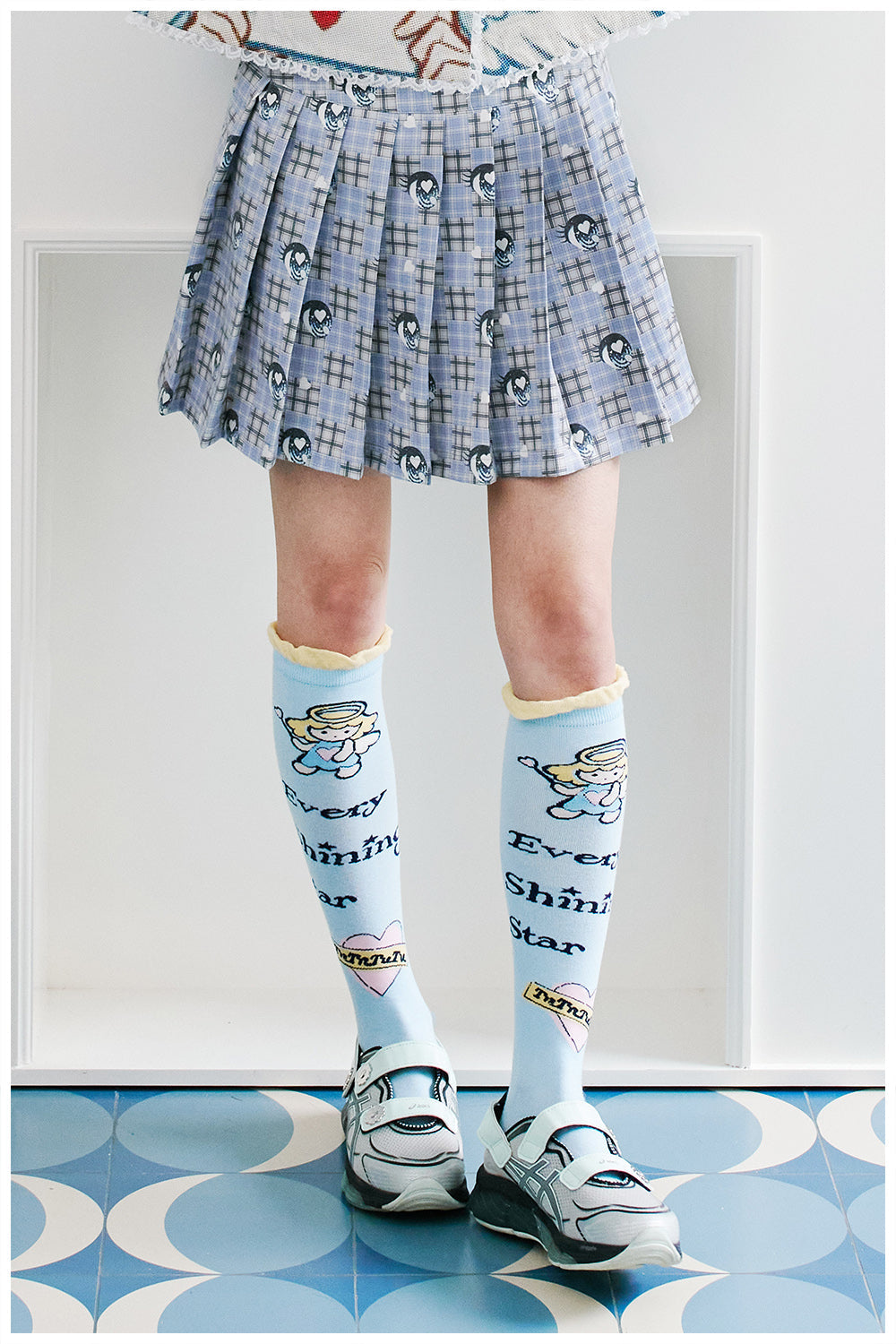 Blue Plaid Heart Print Pleated Skirt