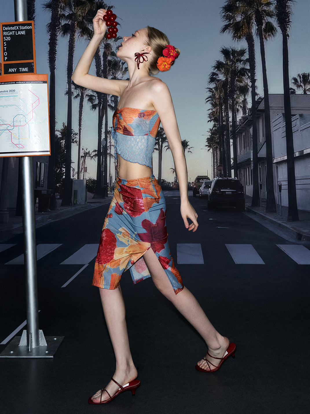 Fruit Print Side-Slit Midi Skirt