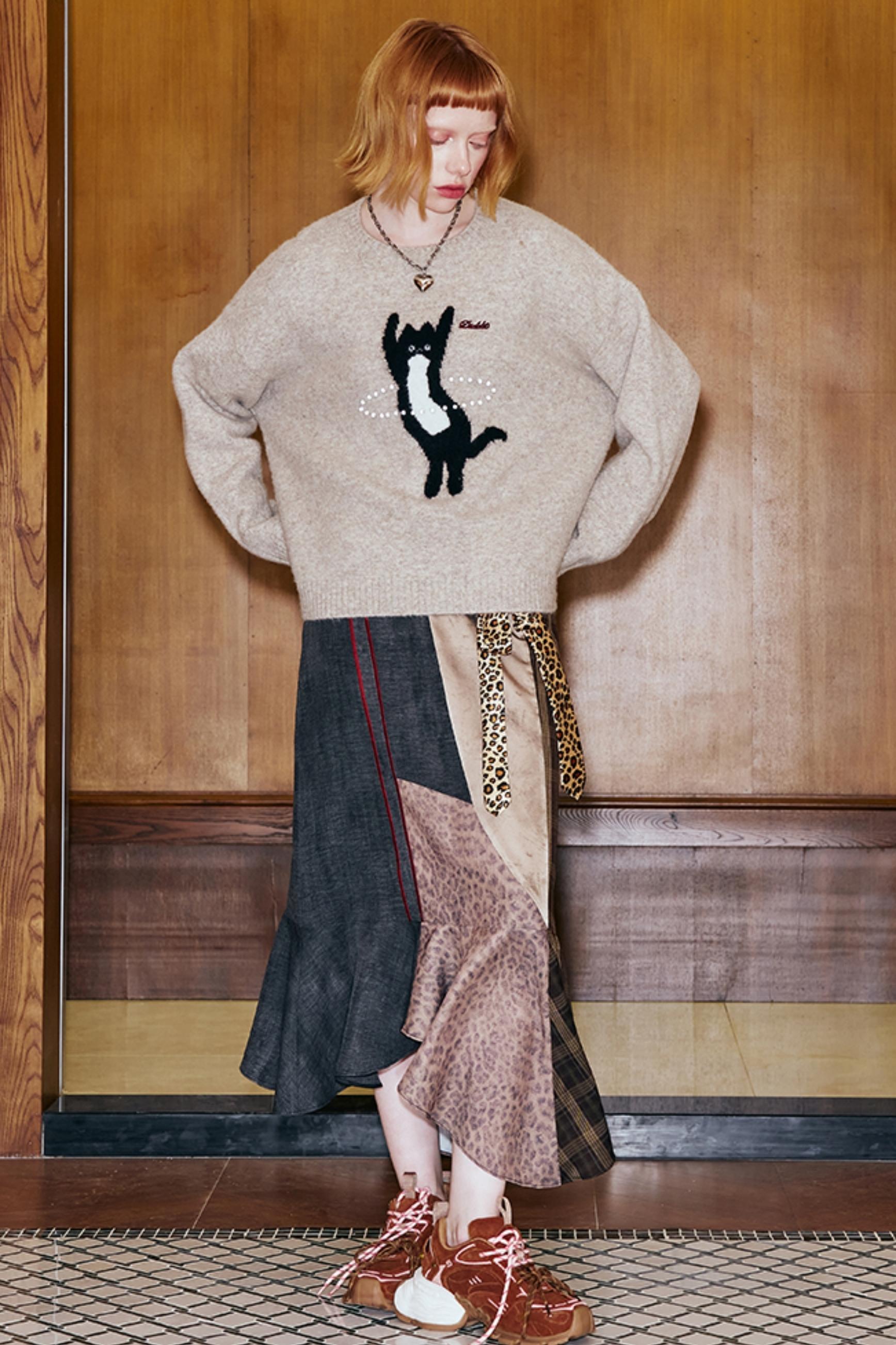 패치워크 데님 레오파드 미디 스커트