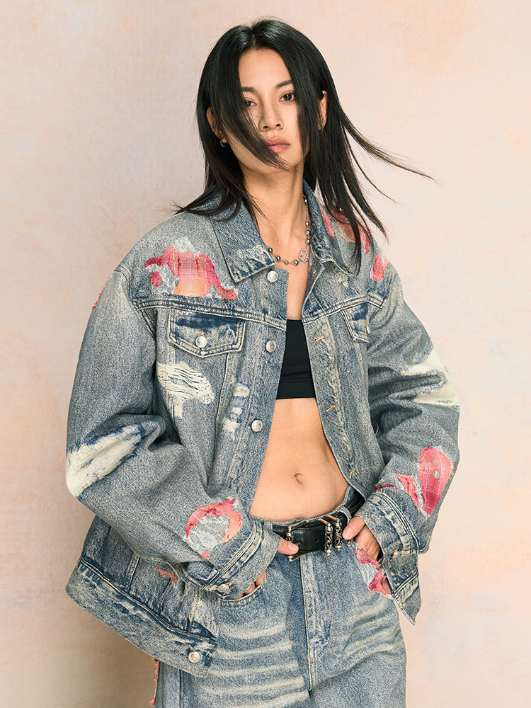 Elegant Evening Lace Printed Patchwork Denim Jacket - chiclara