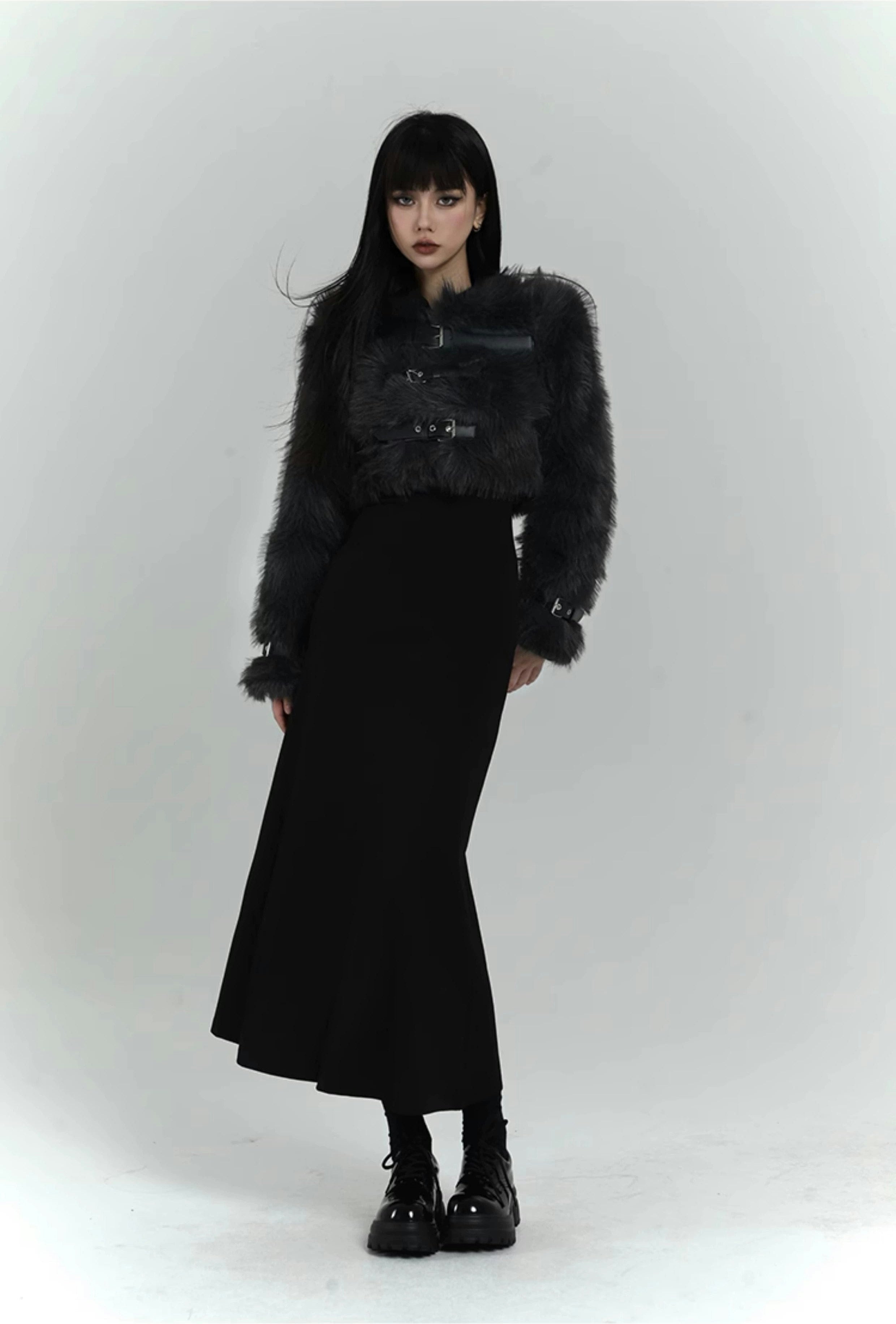 Black Gothic Buckle Fur Jacket