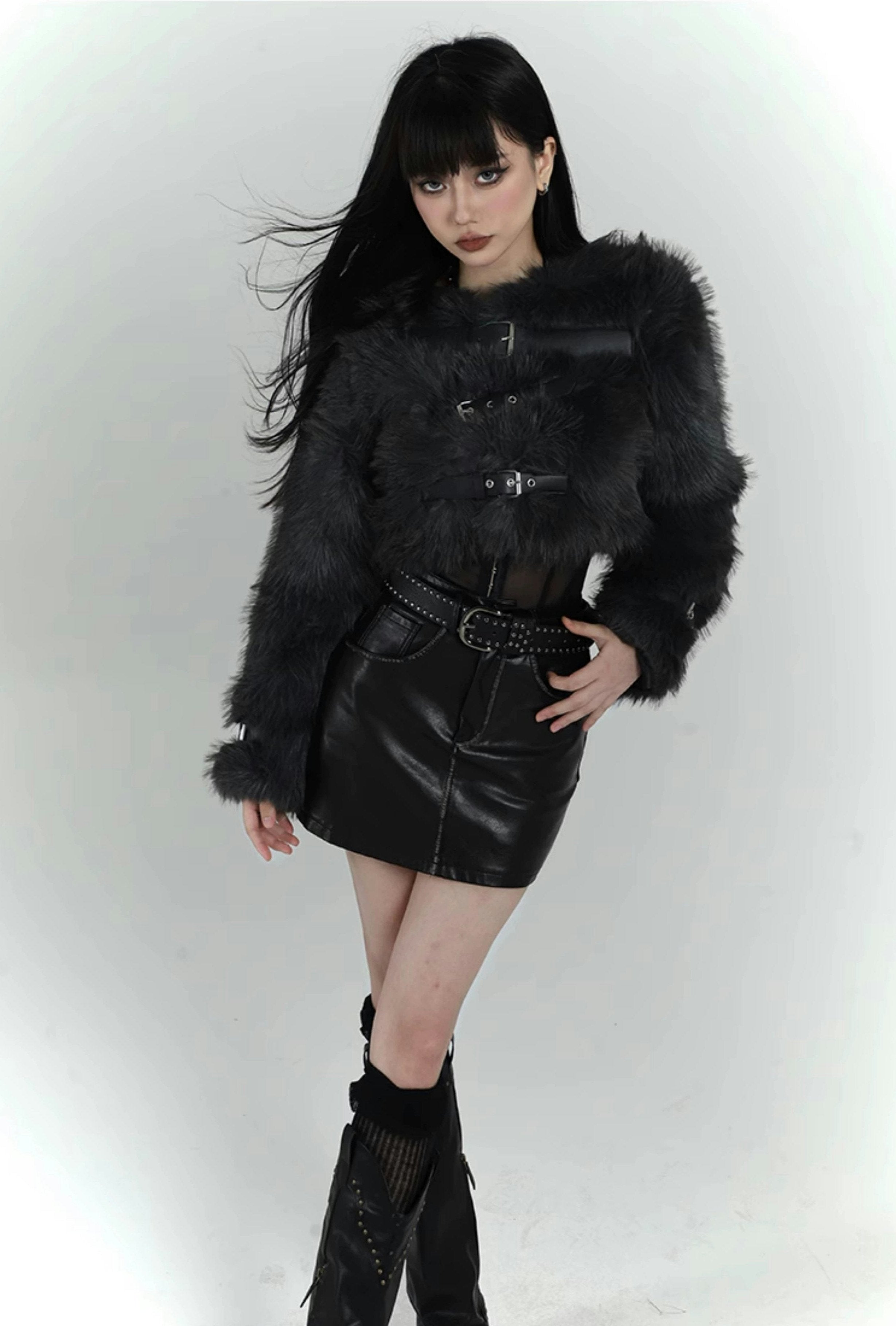 Black Gothic Buckle Fur Jacket