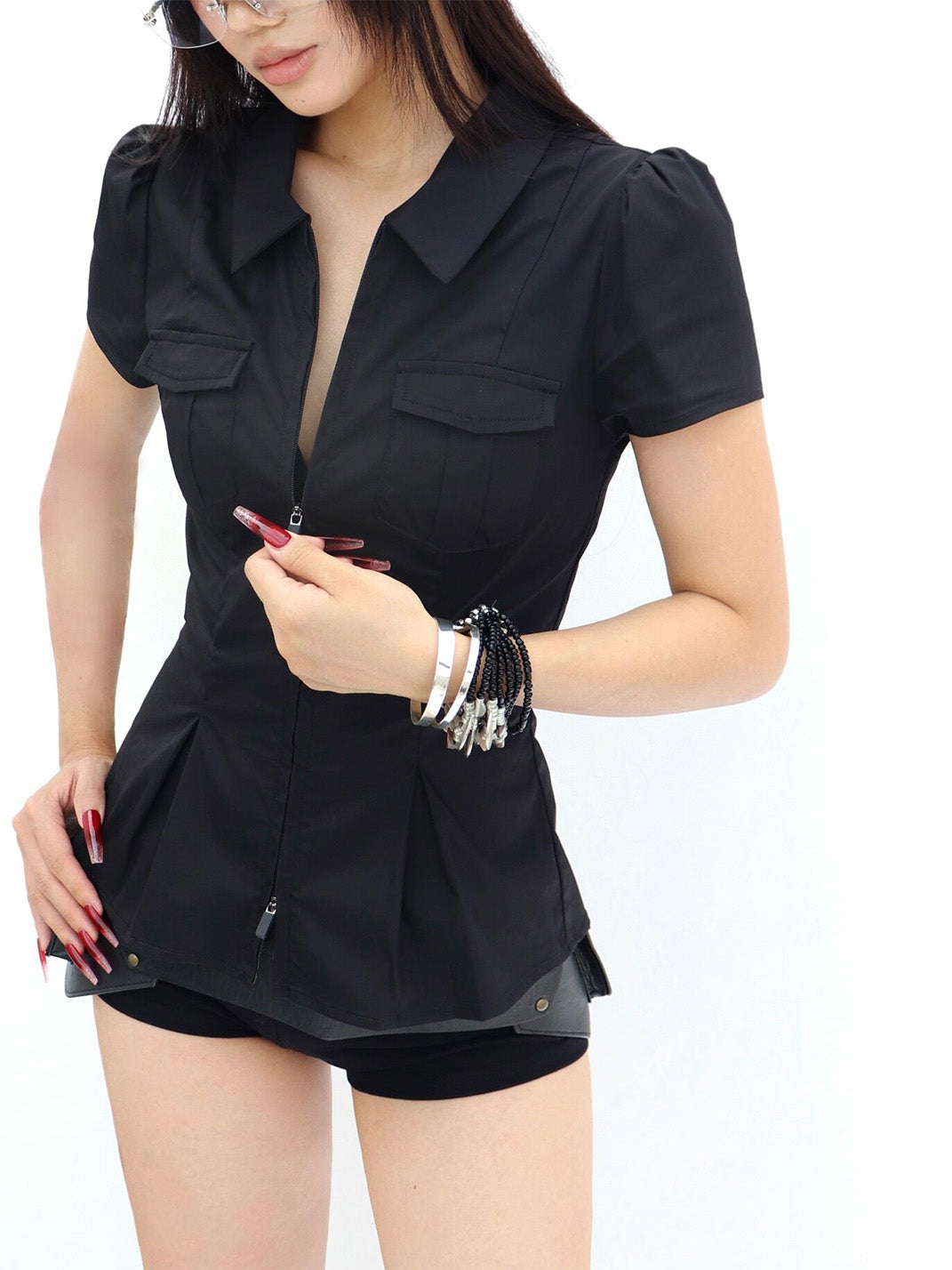 Zipper Puff-Sleeve Blouse