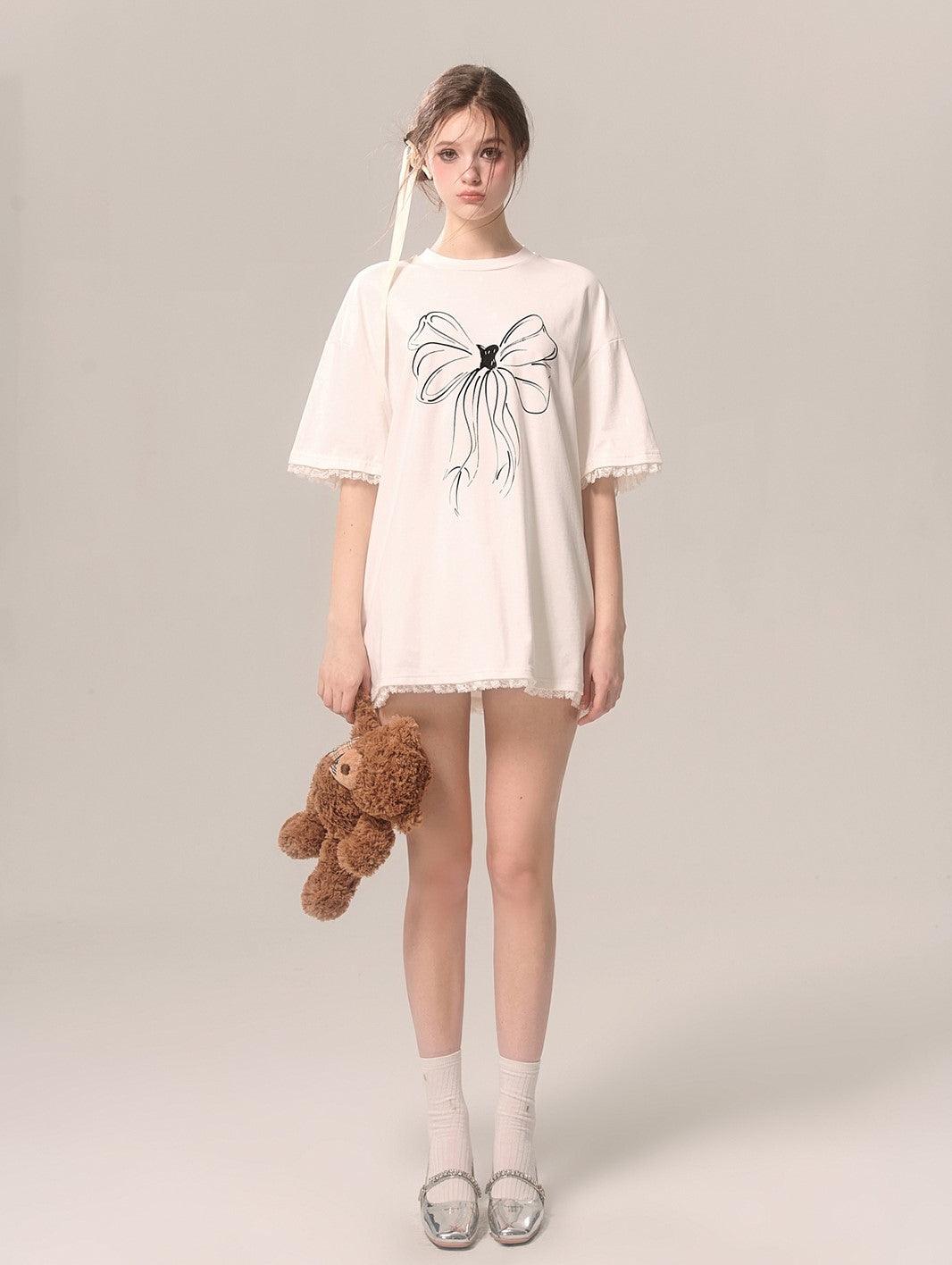 White Loose Short-sleeved T-shirt with Bow Lace Trim - chiclara