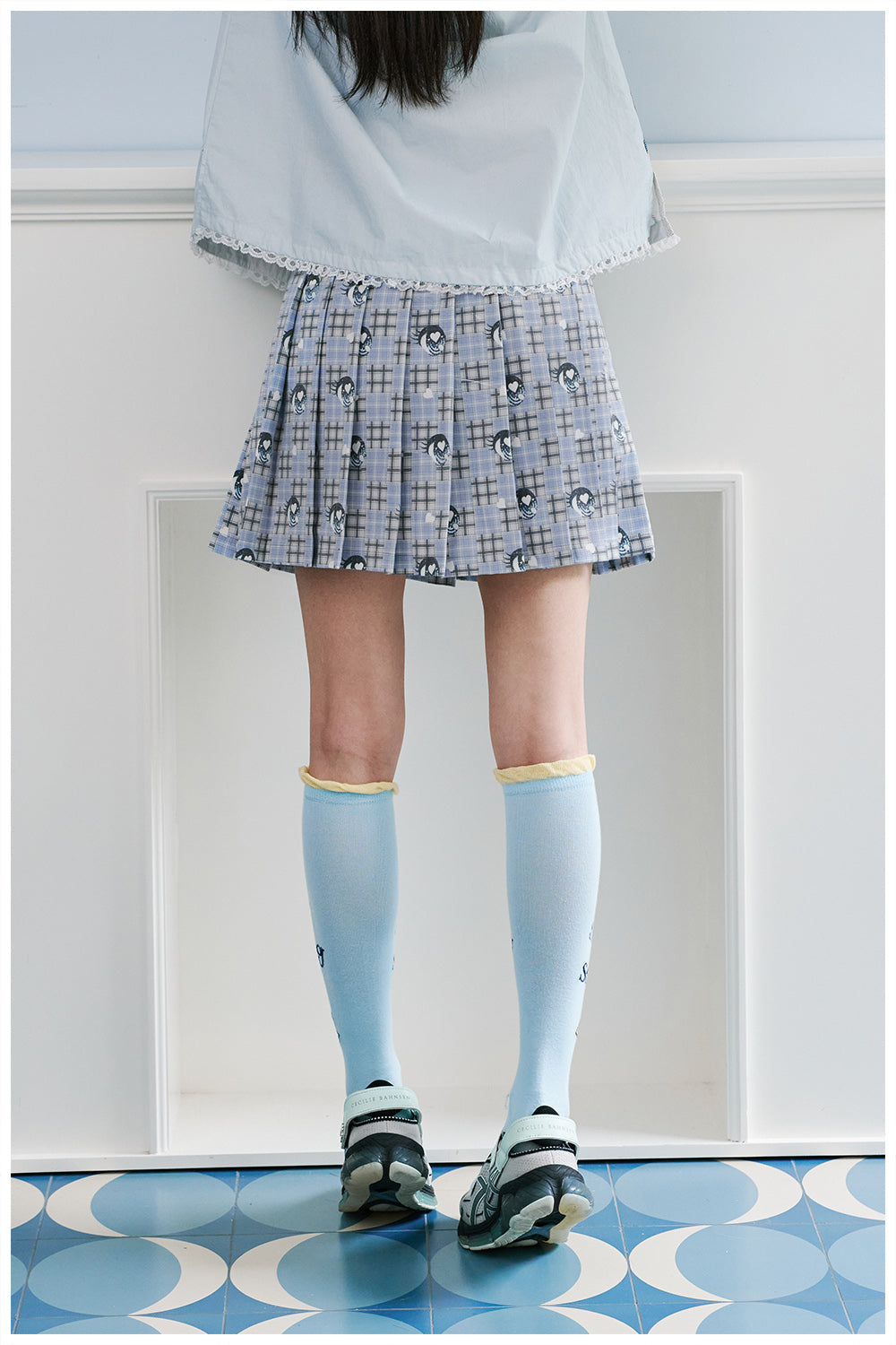 Blue Plaid Heart Print Pleated Skirt