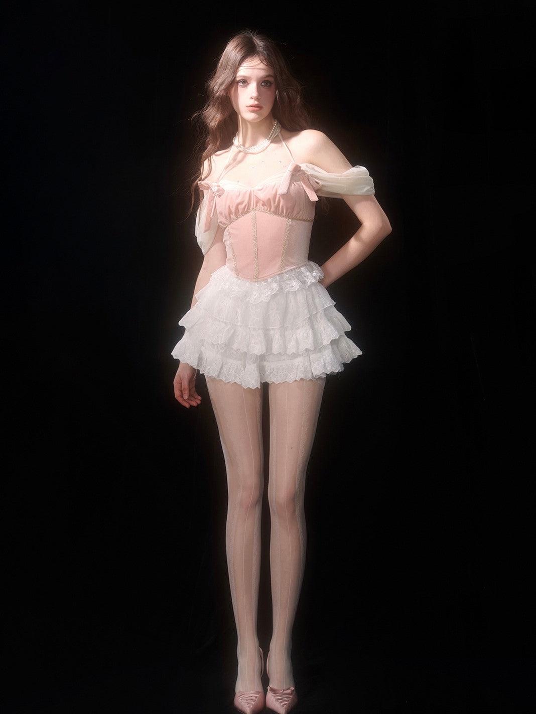 Velvet Pink Strapless One-Shoulder Short Sleeve Top & White Skirt Set - chiclara