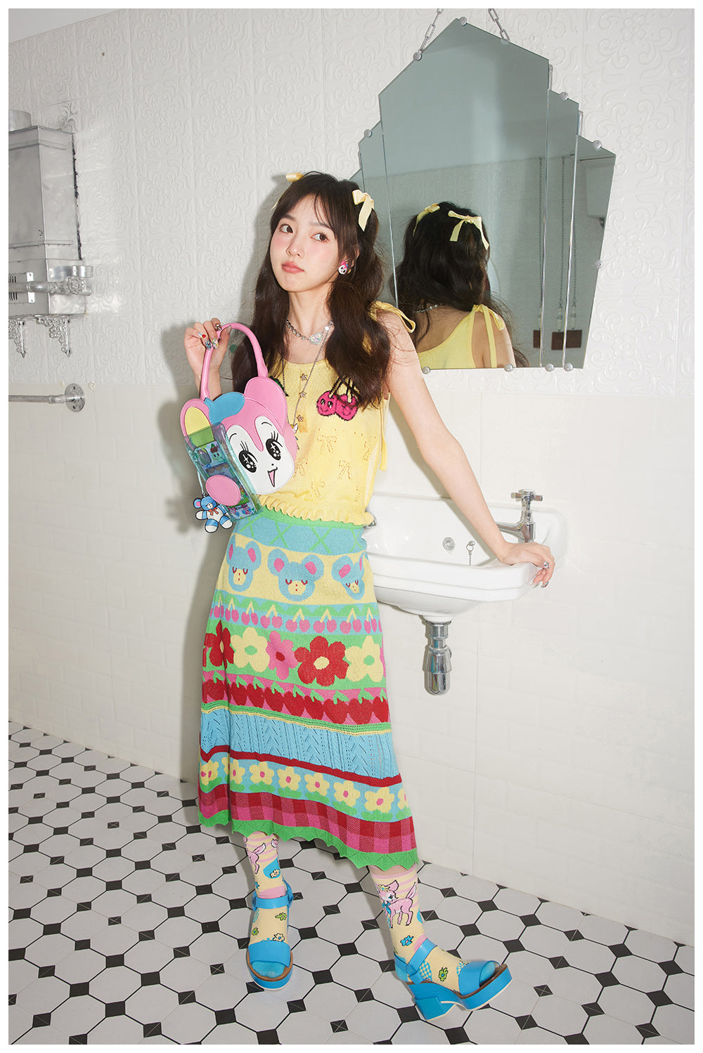 Colorful Bear Cherry Knit Midi Skirt