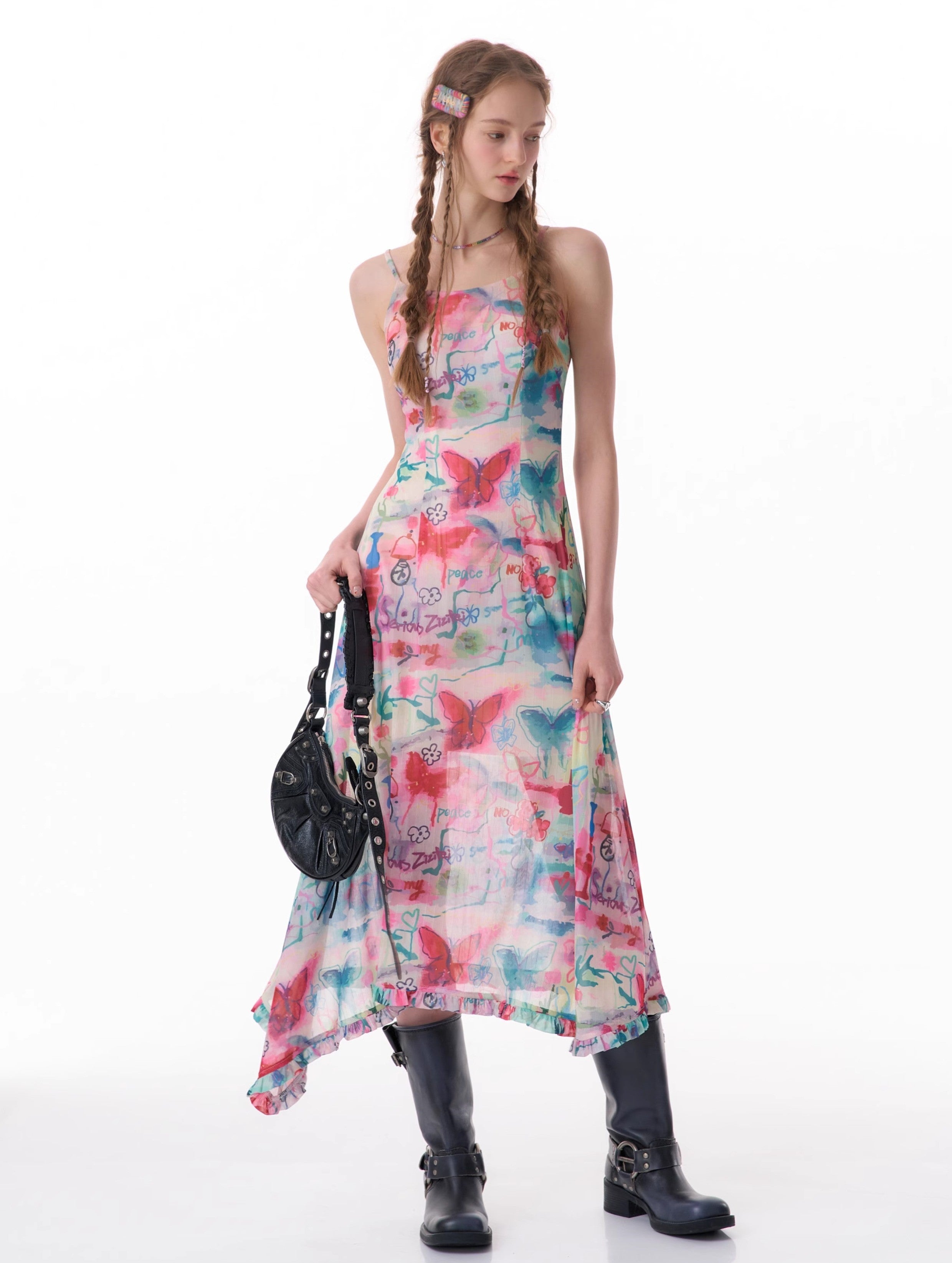 Vestido slip de midi estampado de mariposa