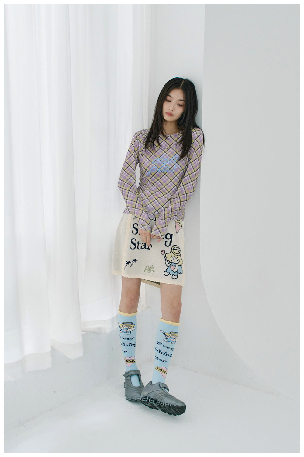 Angel Print Knit Mini Skater Skirt