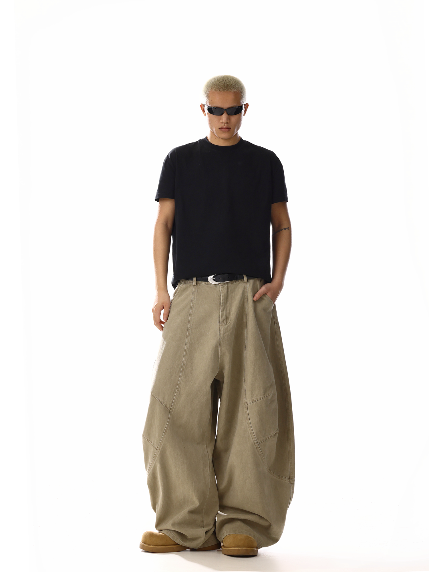 Washed barrel-leg utility pants khaki full front view