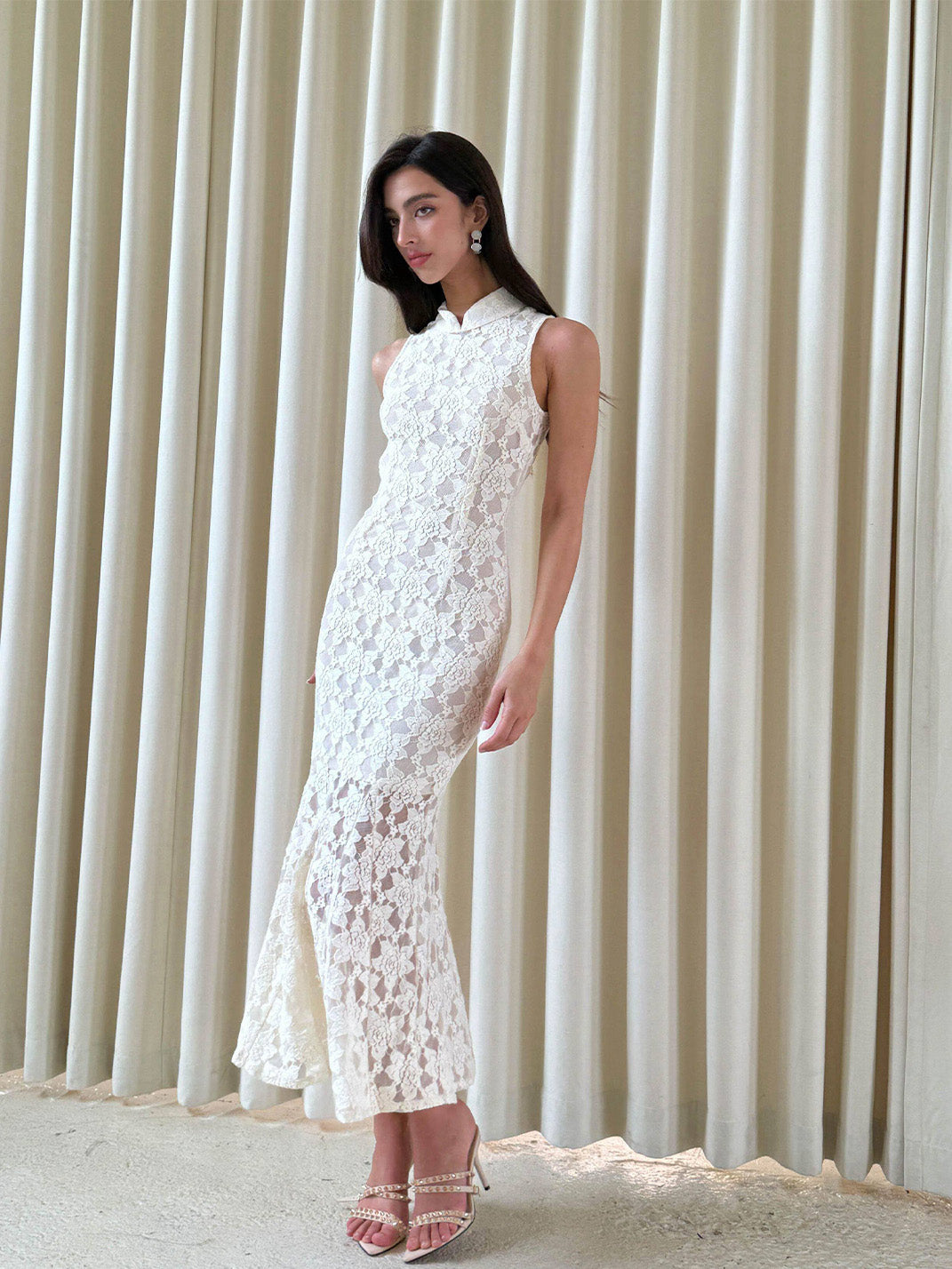 White Lace Cutout Cheongsam Dress