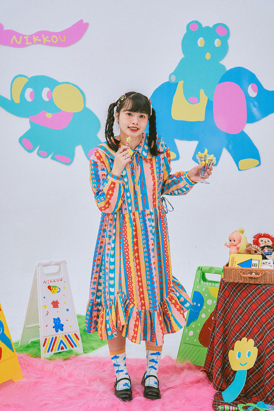 Colorful Striped Pattern Midi Dress with Ruffled Hem