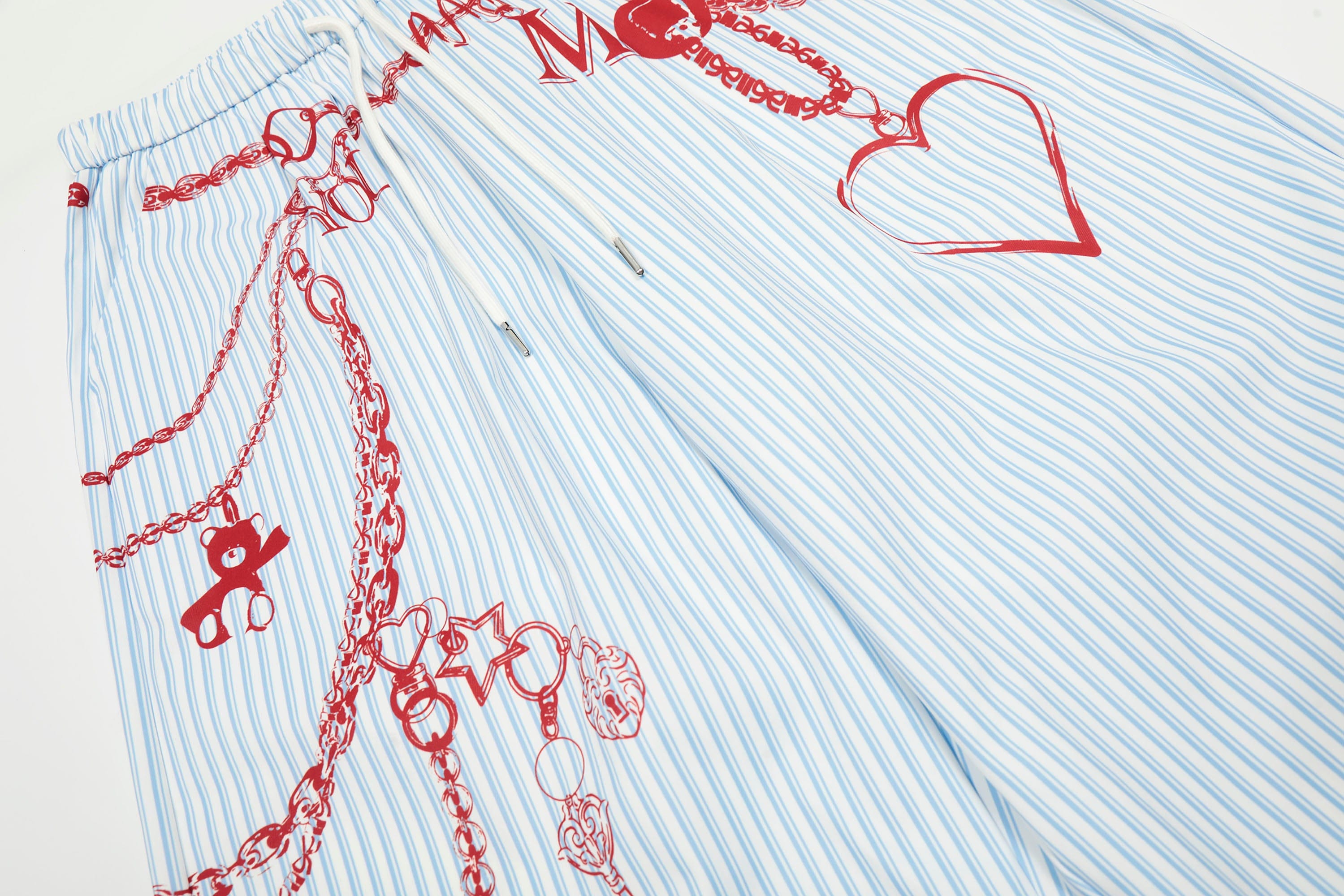Blue Pinstripe Pants with Red Chain Print