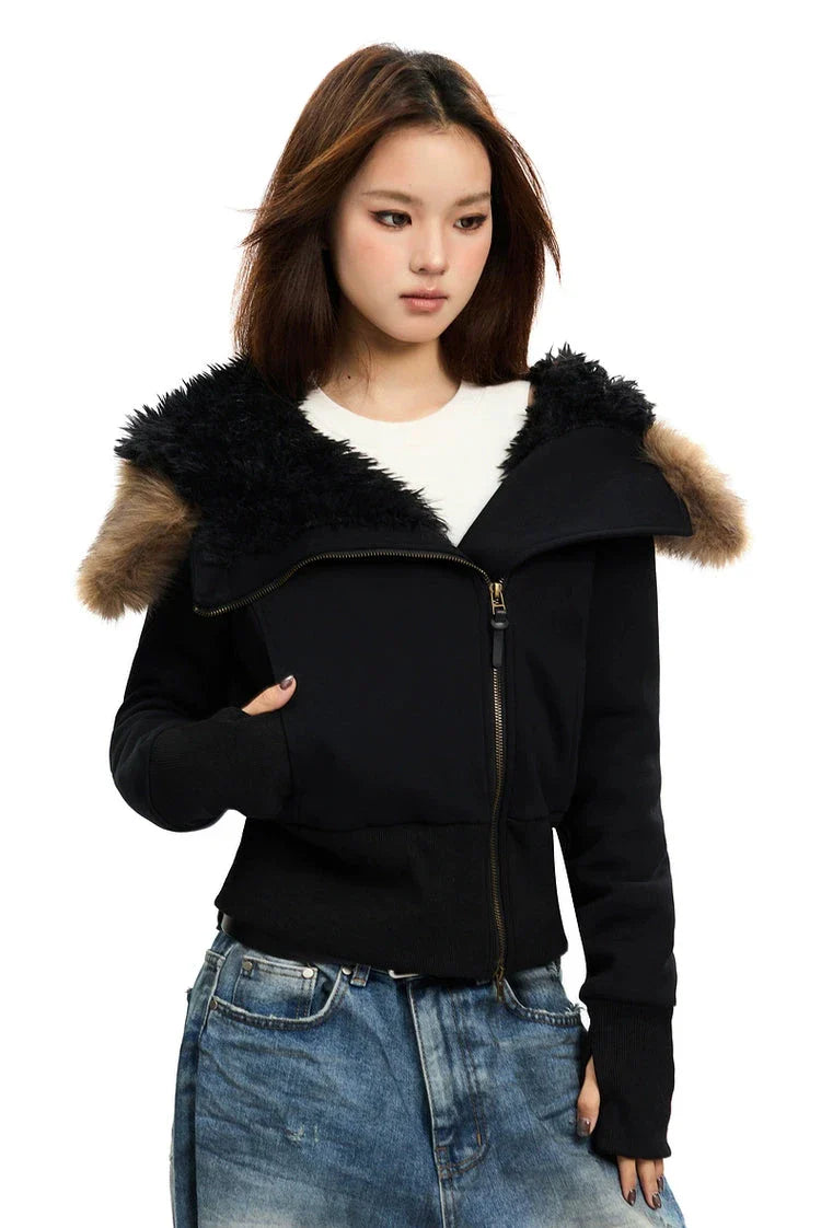 Zip-Up Hoodie with White Faux Fur Hood Trim